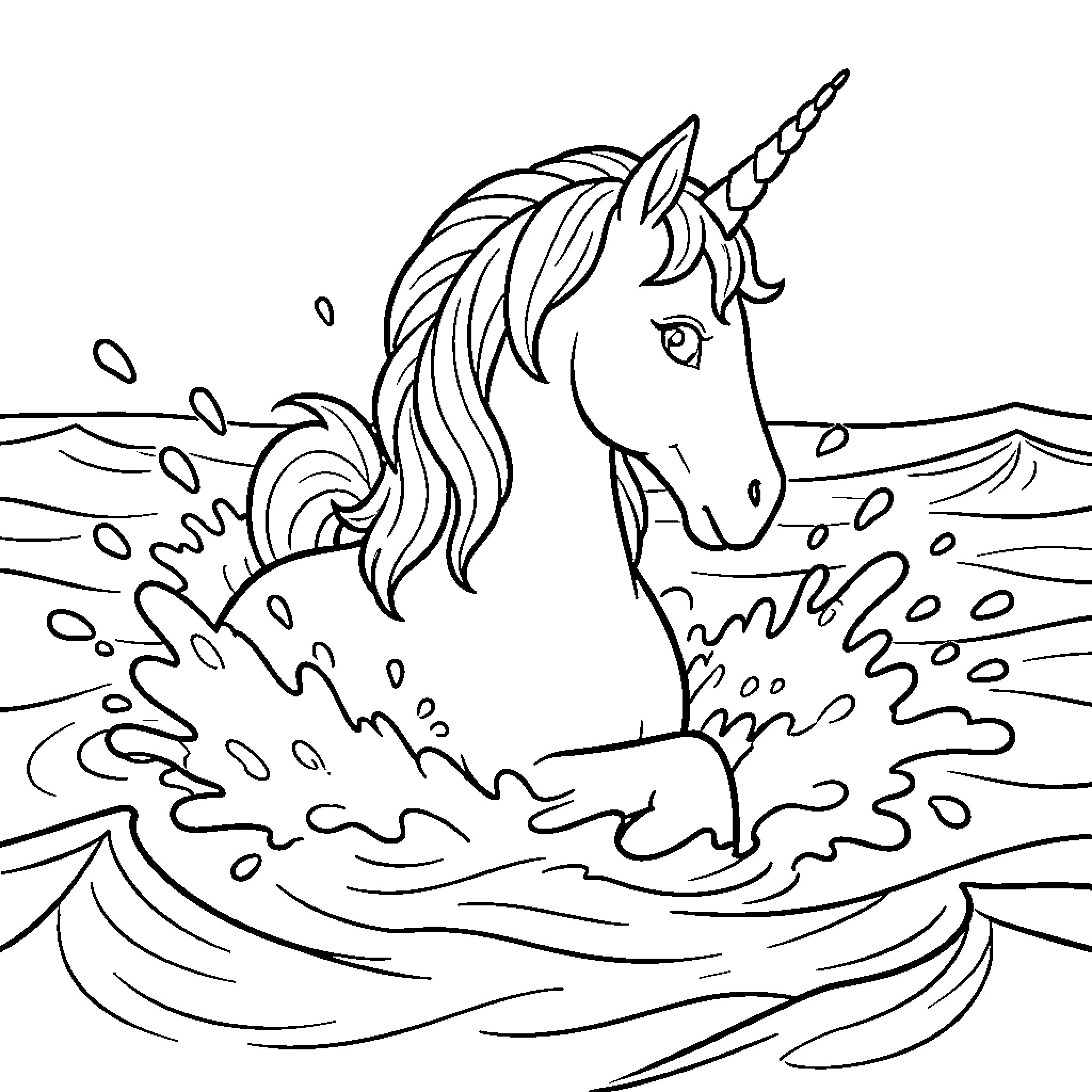 Unicorn splashing playfully in the ocean waves Coloring Page (free black-and-white line drawing printable PDF for all, from beginners to advanced learners, including children, teens, adults, and seniors)