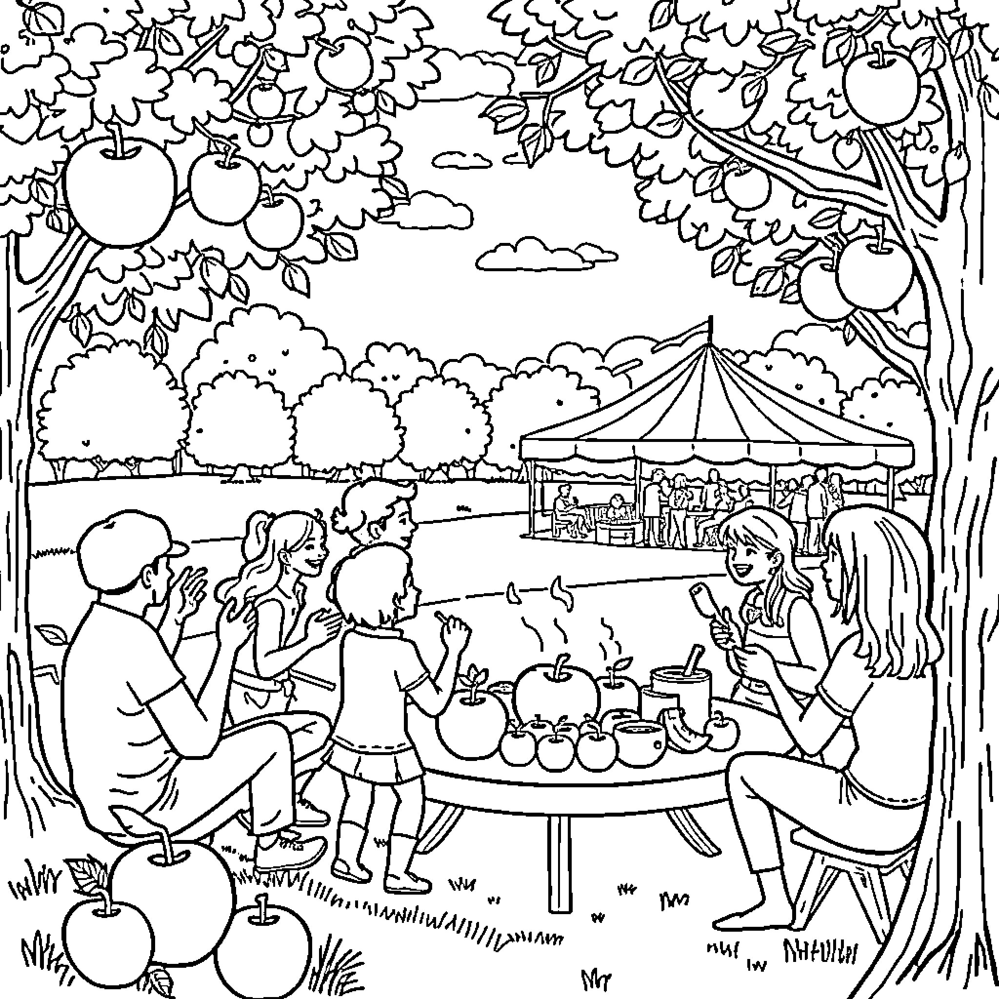 Apple Orchard Picnic Celebration Coloring Page (free black-and-white line drawing printable PDF for all, from beginners to advanced learners, including children, teens, adults, and seniors)