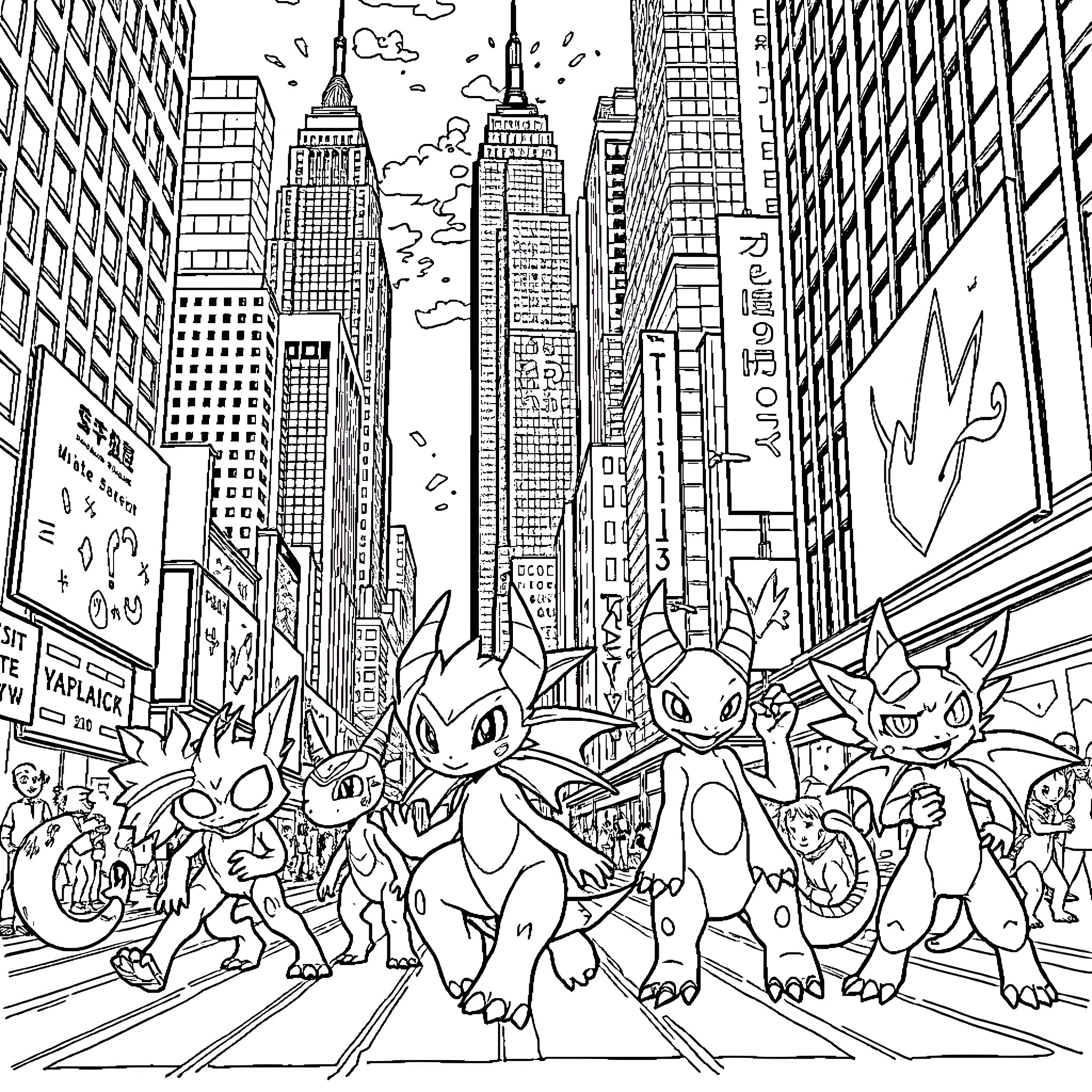 Digimon characters exploring the bustling city streets Coloring Page (free black-and-white line drawing printable PDF for all, from beginners to advanced learners, including children, teens, adults, and seniors)