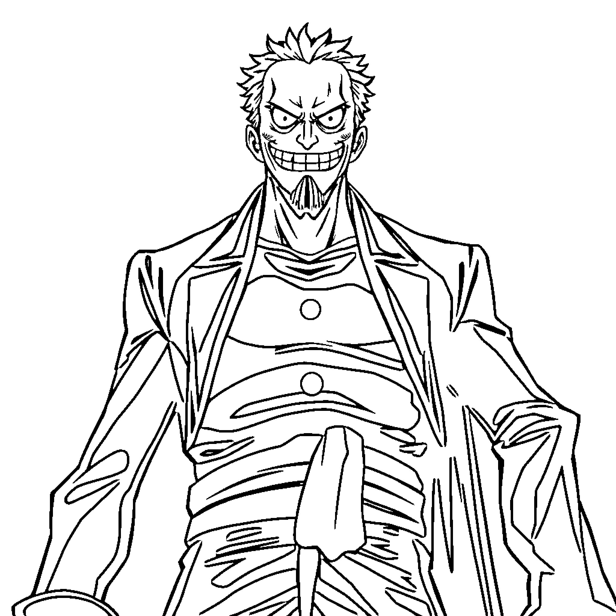 One Piece character with fierce expression and attire Coloring Page (free black-and-white line drawing printable PDF for all, from beginners to advanced learners, including children, teens, adults, and seniors)