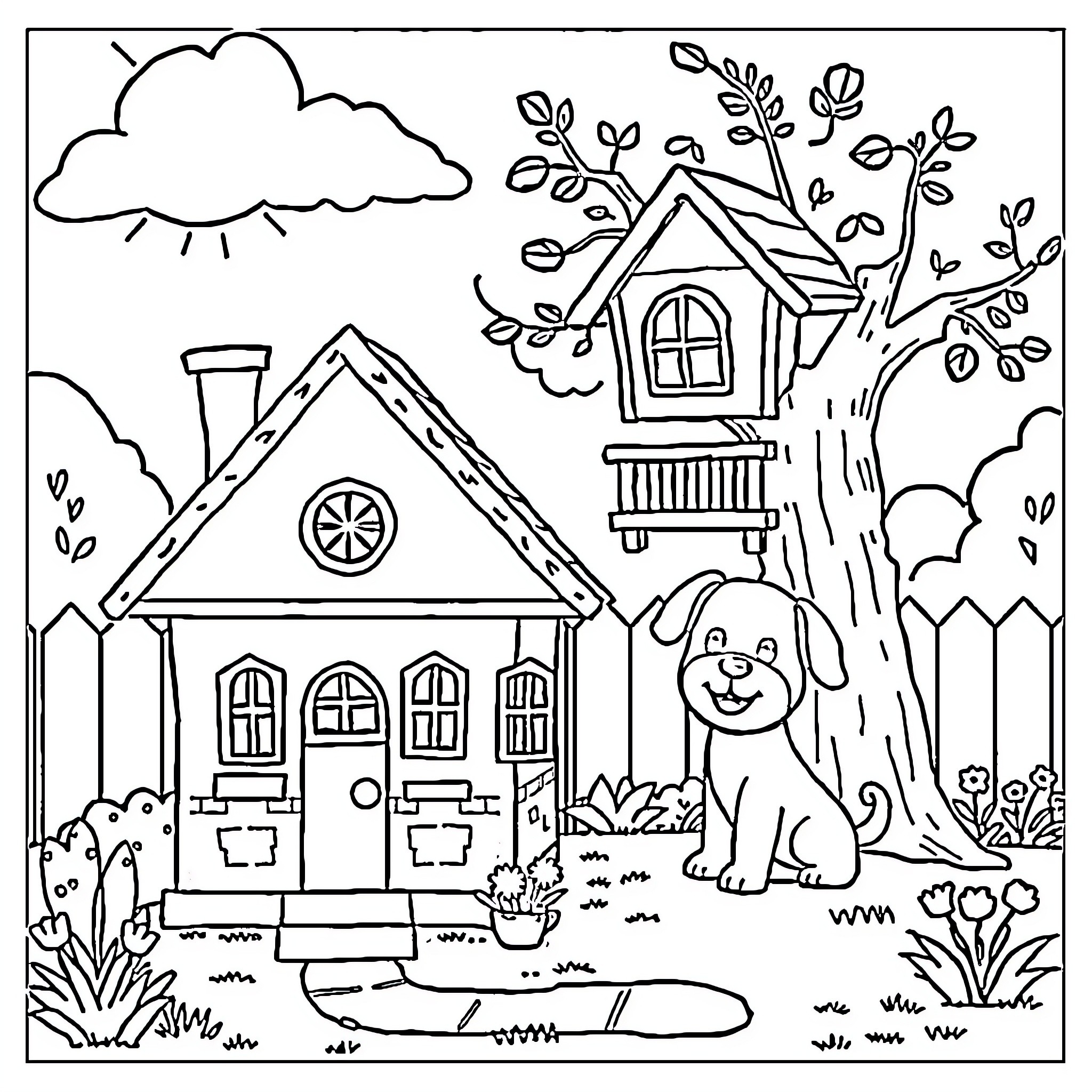 Dollhouse with Cheerful Dog and Blooming Tree Coloring Page (free black-and-white line drawing printable PDF for all, from beginners to advanced learners, including children, teens, adults, and seniors)