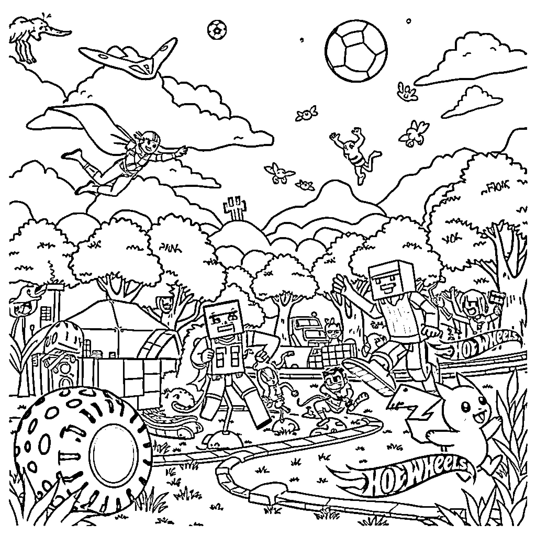 Superhero Adventures in a Vibrant Cityscape Coloring Page (free black-and-white line drawing printable PDF for all, from beginners to advanced learners, including children, teens, adults, and seniors)