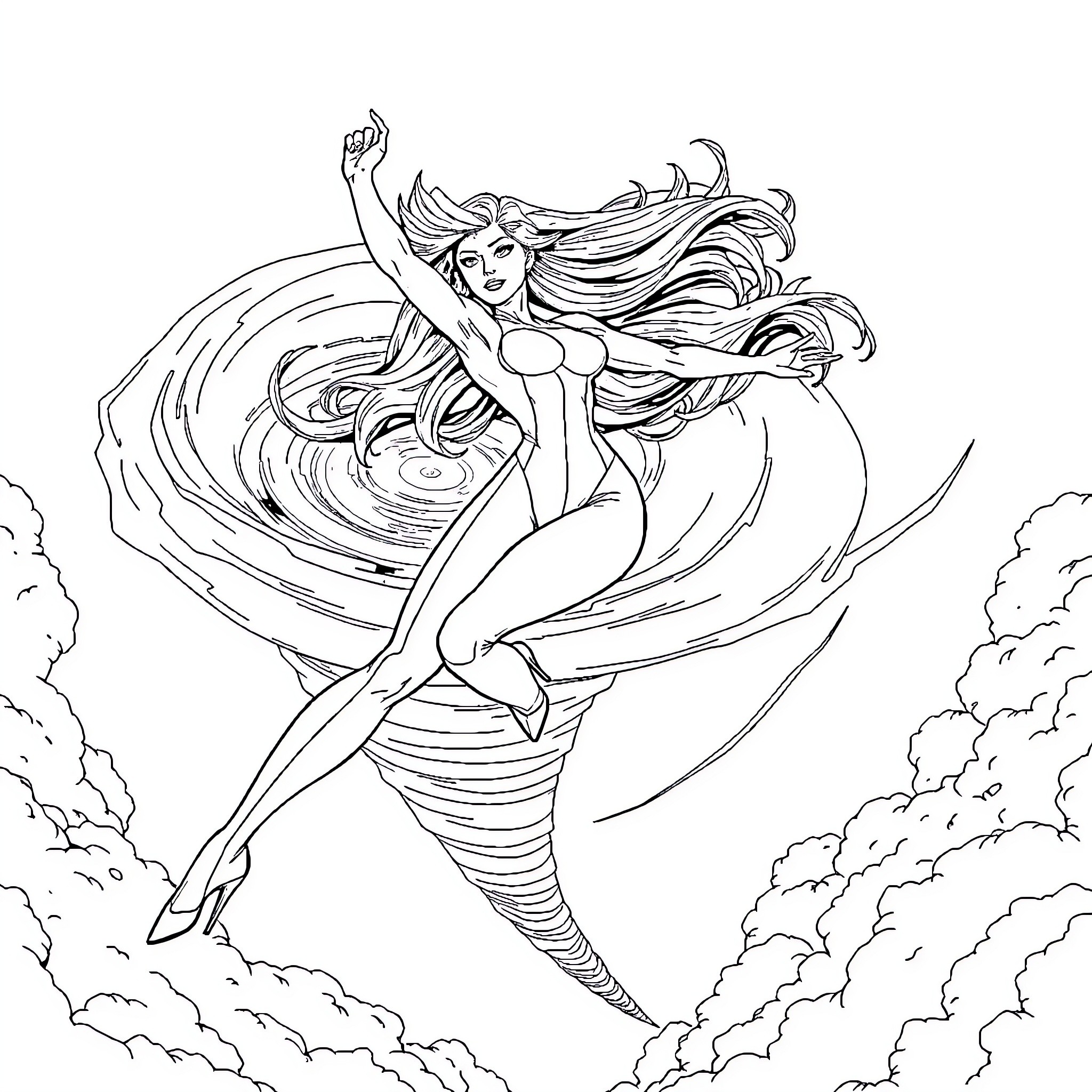 Storm Goddess Soaring Through Clouds Coloring Page (free black-and-white line drawing printable PDF for all, from beginners to advanced learners, including children, teens, adults, and seniors)