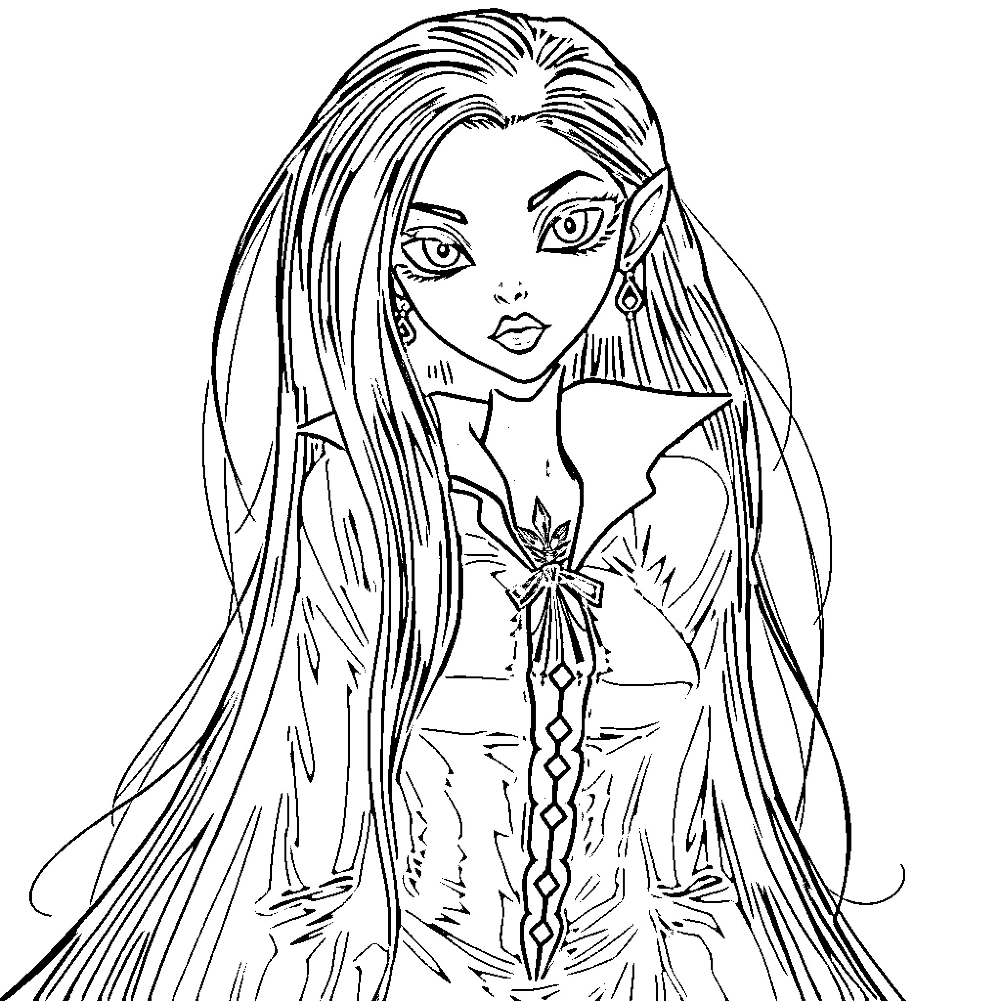 Vampire with long flowing hair and ornate costume Coloring Page (free black-and-white line drawing printable PDF for all, from beginners to advanced learners, including children, teens, adults, and seniors)