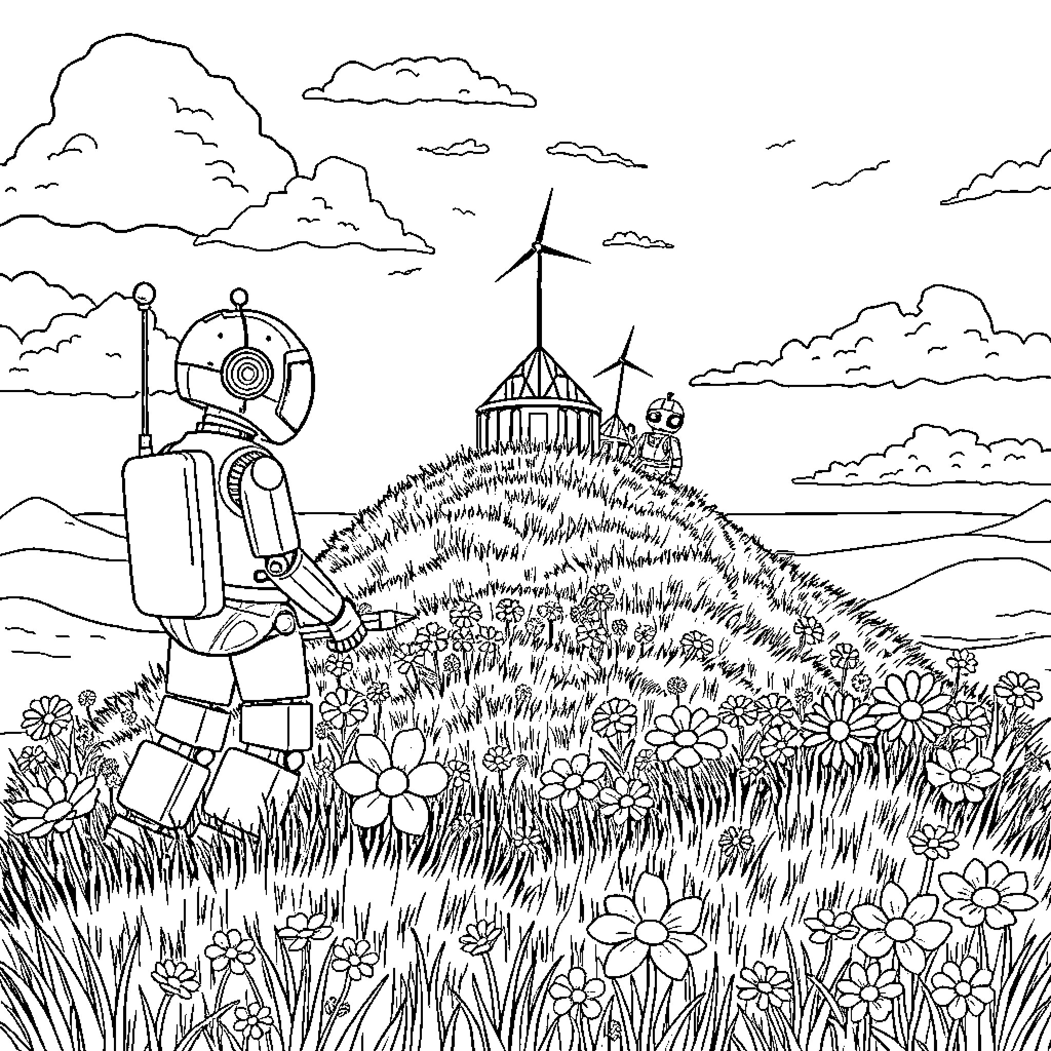 Robot exploring the enchanted nature landscape Coloring Page (free black-and-white line drawing printable PDF for all, from beginners to advanced learners, including children, teens, adults, and seniors)