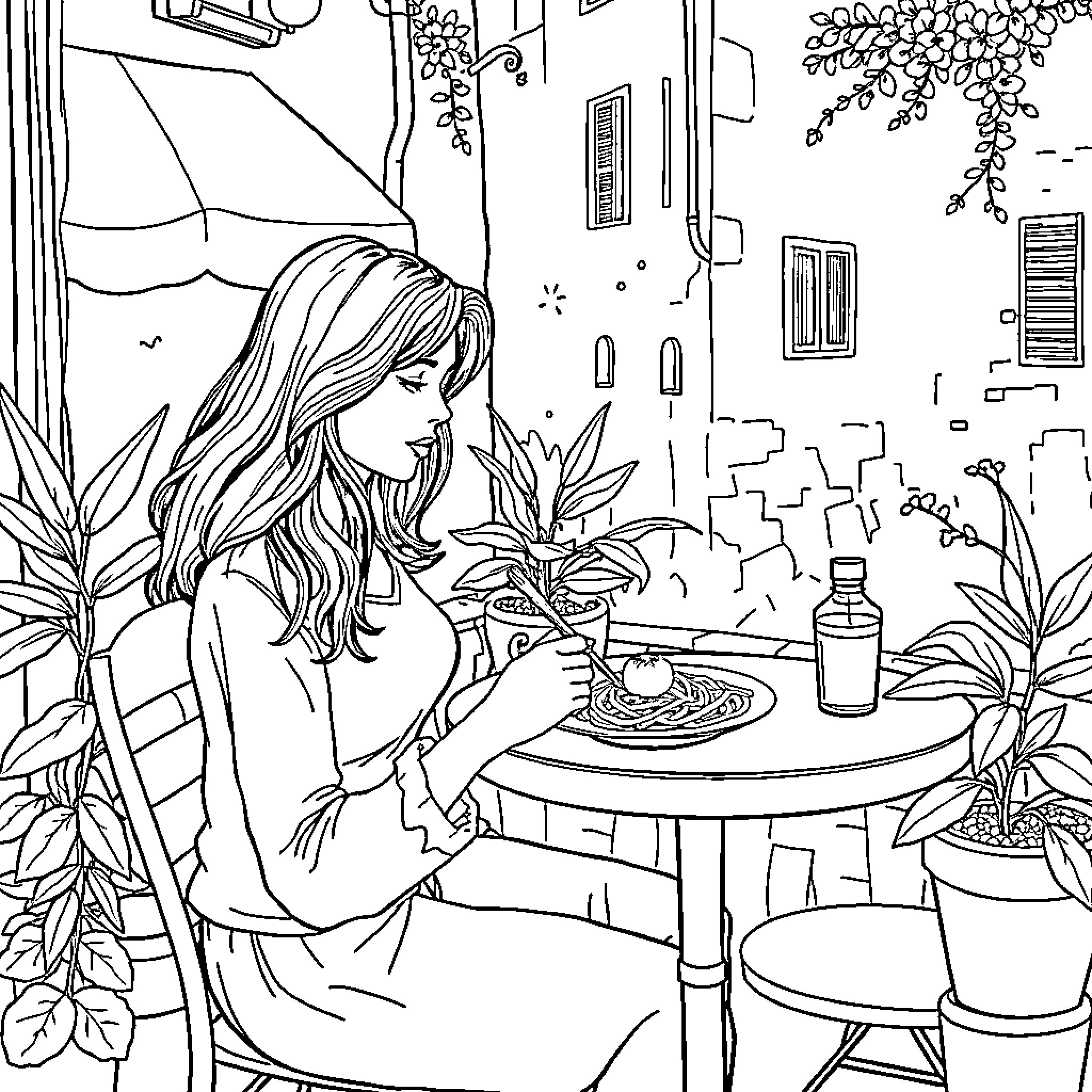 Woman enjoying a peaceful moment in a lush garden Coloring Page (free black-and-white line drawing printable PDF for all, from beginners to advanced learners, including children, teens, adults, and seniors)