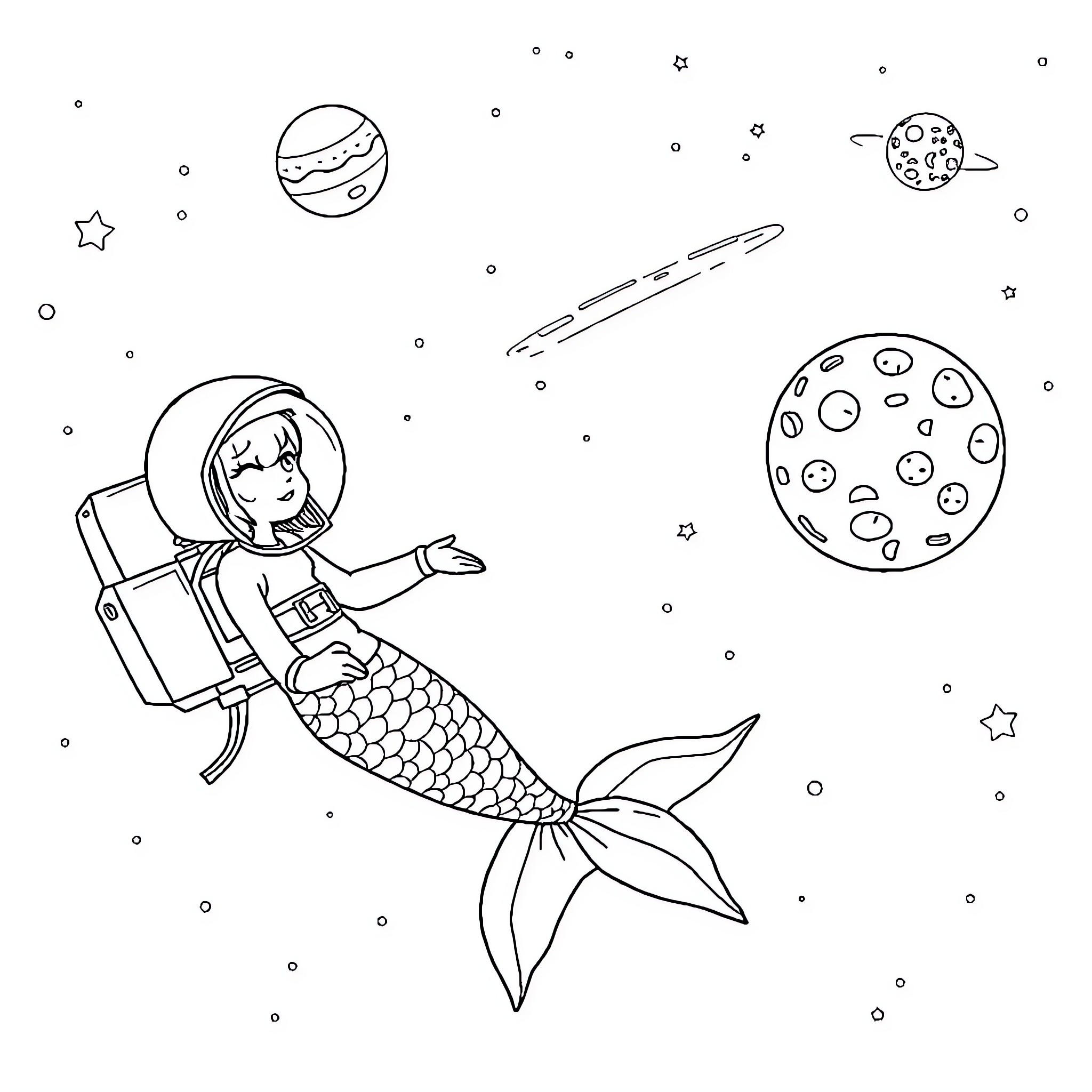 Mermaid exploring the cosmic sea Coloring Page (free black-and-white line drawing printable PDF for all, from beginners to advanced learners, including children, teens, adults, and seniors)