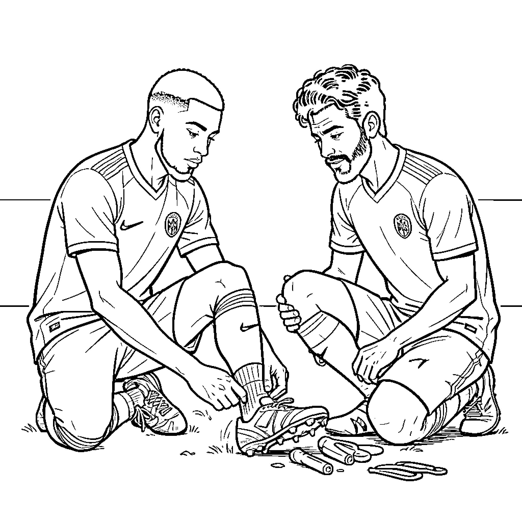 Mbappe putting on soccer cleats next to a teammate Coloring Page (free black-and-white line drawing printable PDF for all, from beginners to advanced learners, including children, teens, adults, and seniors)
