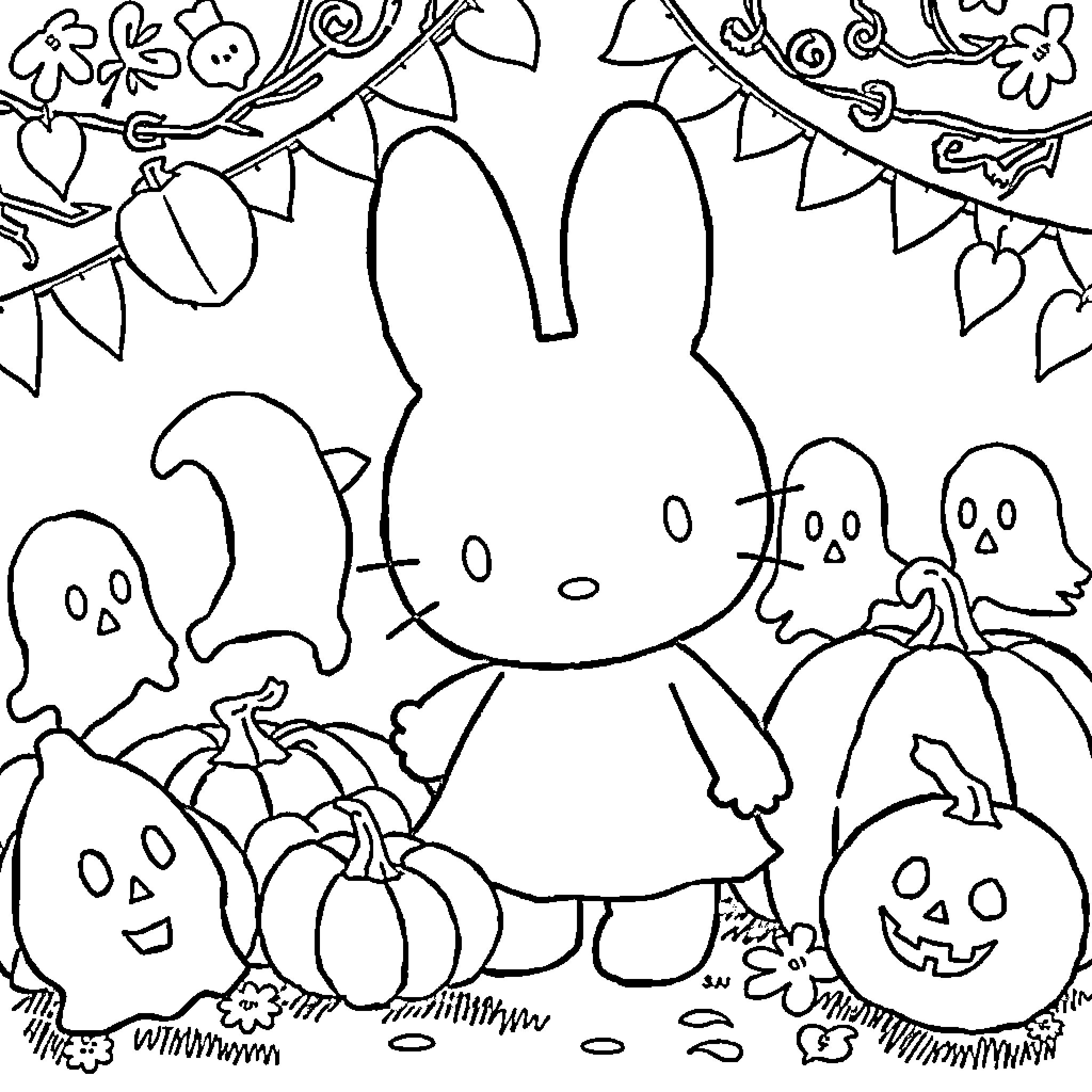 Miffy enjoying a Halloween party with friends Coloring Page (free black-and-white line drawing printable PDF for all, from beginners to advanced learners, including children, teens, adults, and seniors)