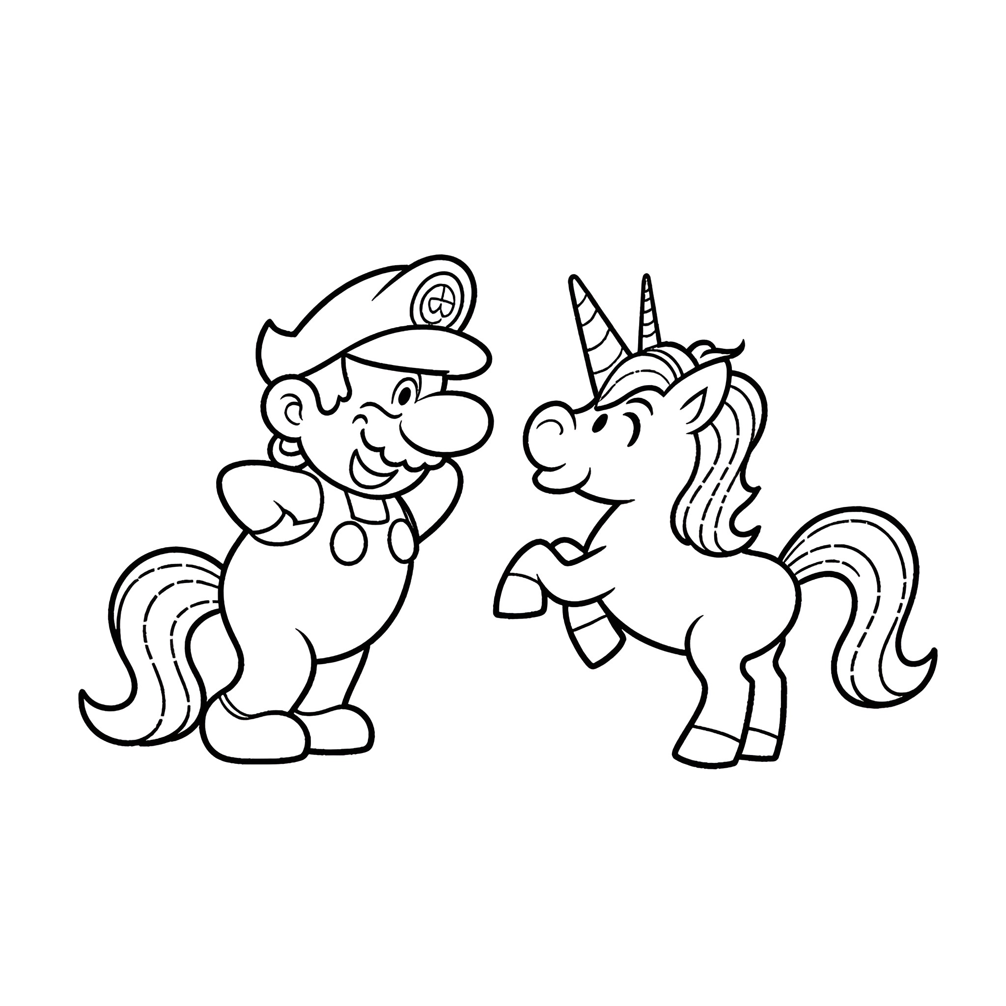Mario and Unicorn Playing Together Coloring Page (free black-and-white line drawing printable PDF for all, from beginners to advanced learners, including children, teens, adults, and seniors)