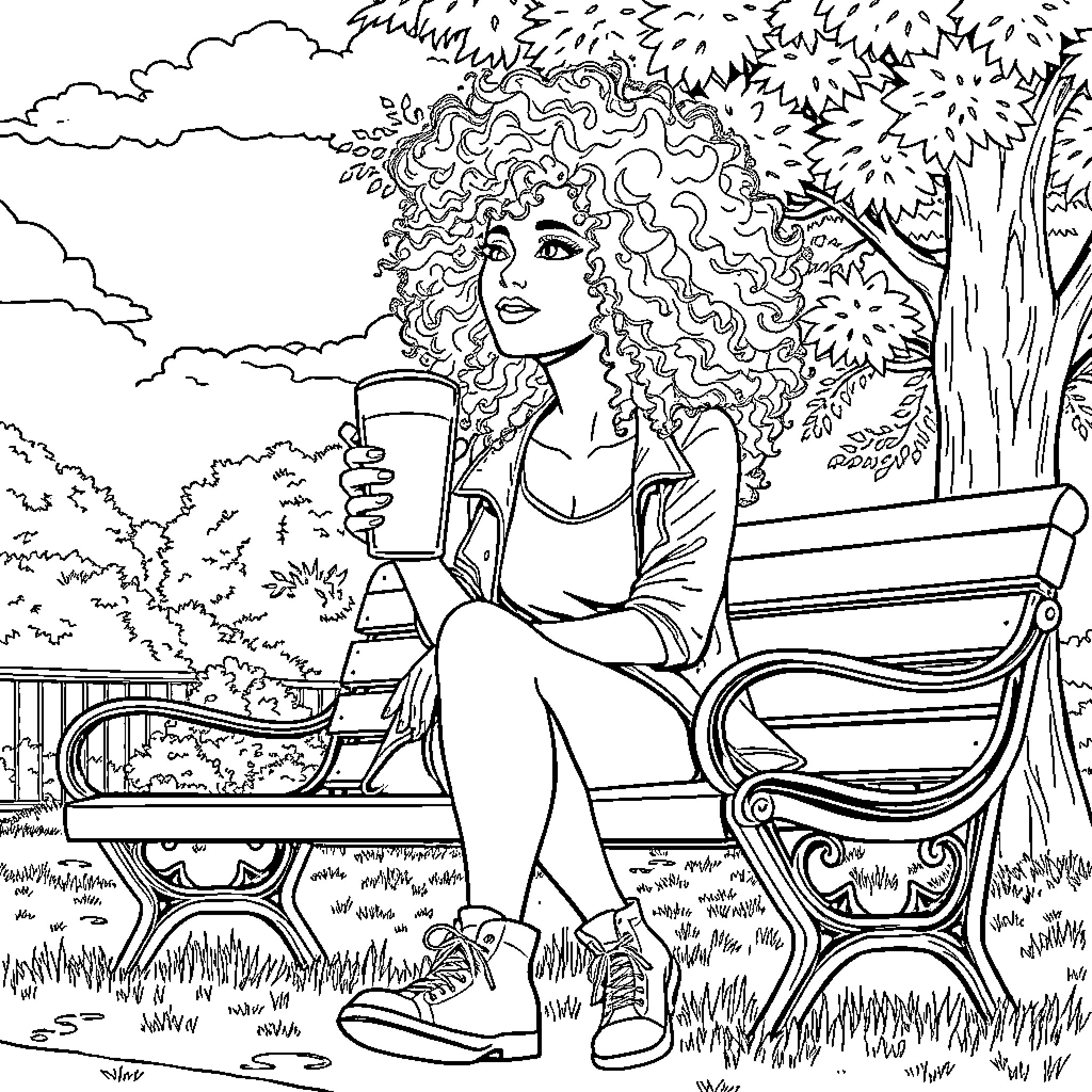 Woman relaxing on a park bench with a drink Coloring Page (free black-and-white line drawing printable PDF for all, from beginners to advanced learners, including children, teens, adults, and seniors)