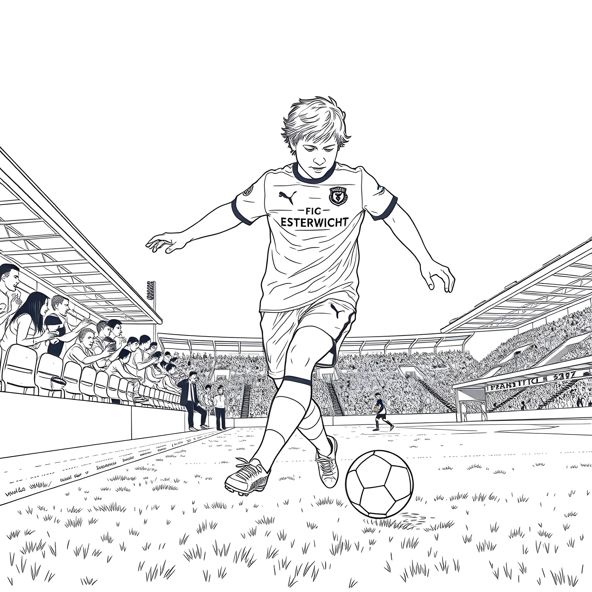 Ed Sheeran playing soccer on a field Coloring Page (free black-and-white line drawing printable PDF for all, from beginners to advanced learners, including children, teens, adults, and seniors)