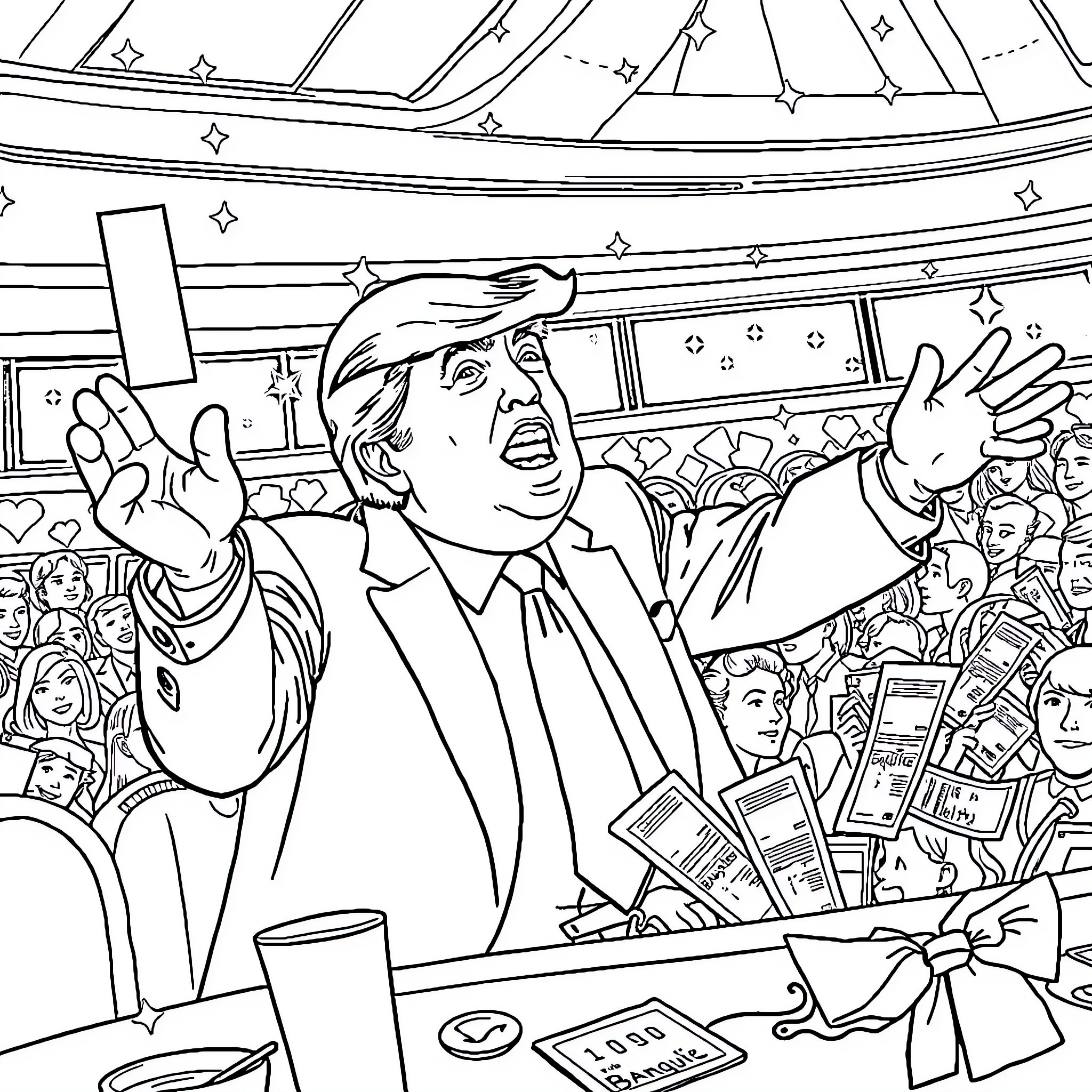 Trump Triumphantly Addressing Enthusiastic Supporters Coloring Page (free black-and-white line drawing printable PDF for all, from beginners to advanced learners, including children, teens, adults, and seniors)