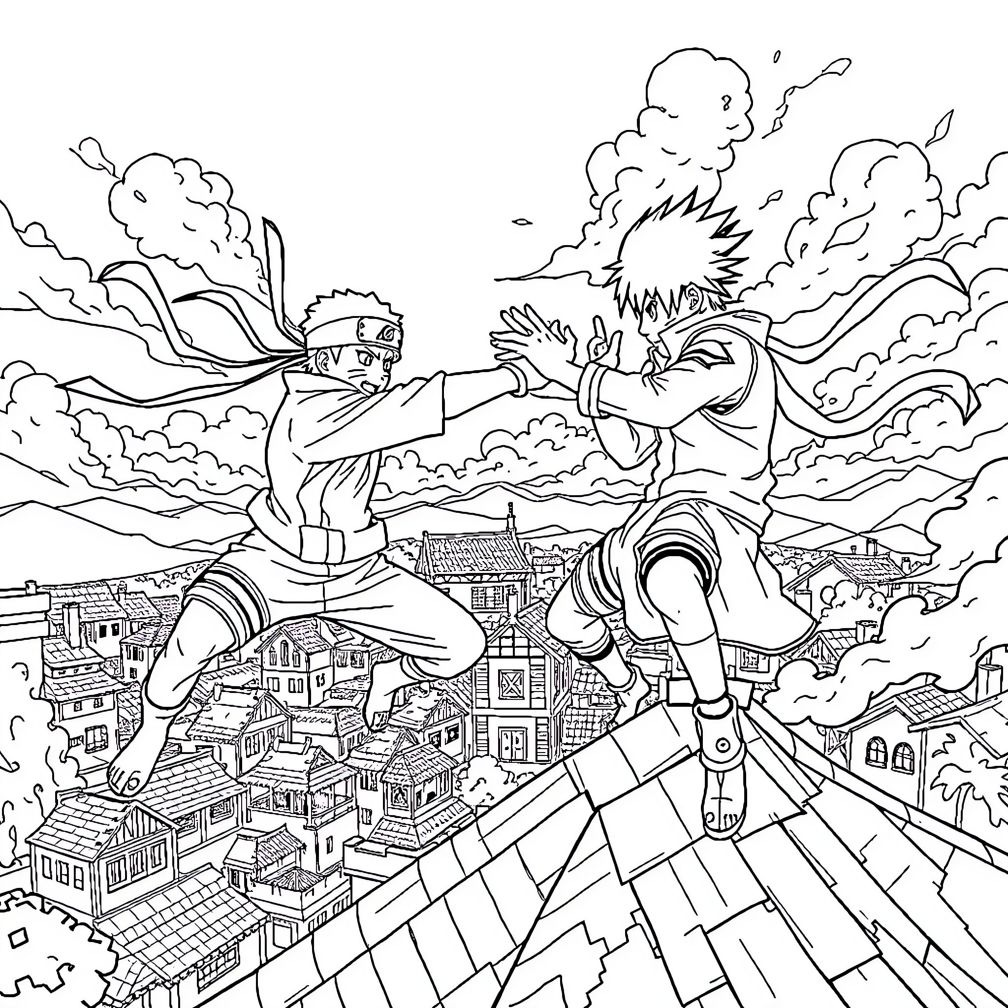 Naruto ninjas in fierce battle over the village Coloring Page (free black-and-white line drawing printable PDF for all, from beginners to advanced learners, including children, teens, adults, and seniors)