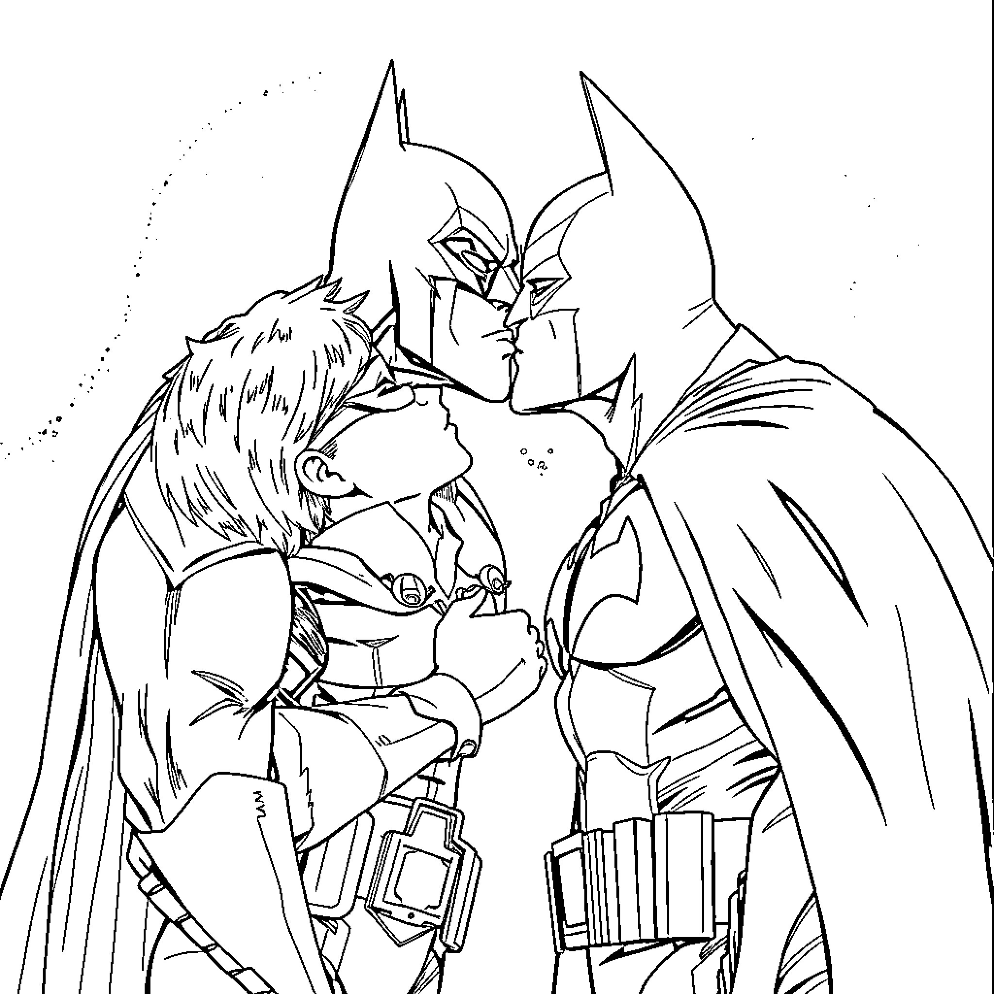 Batman embracing a close ally in action-packed scene Coloring Page (free black-and-white line drawing printable PDF for all, from beginners to advanced learners, including children, teens, adults, and seniors)