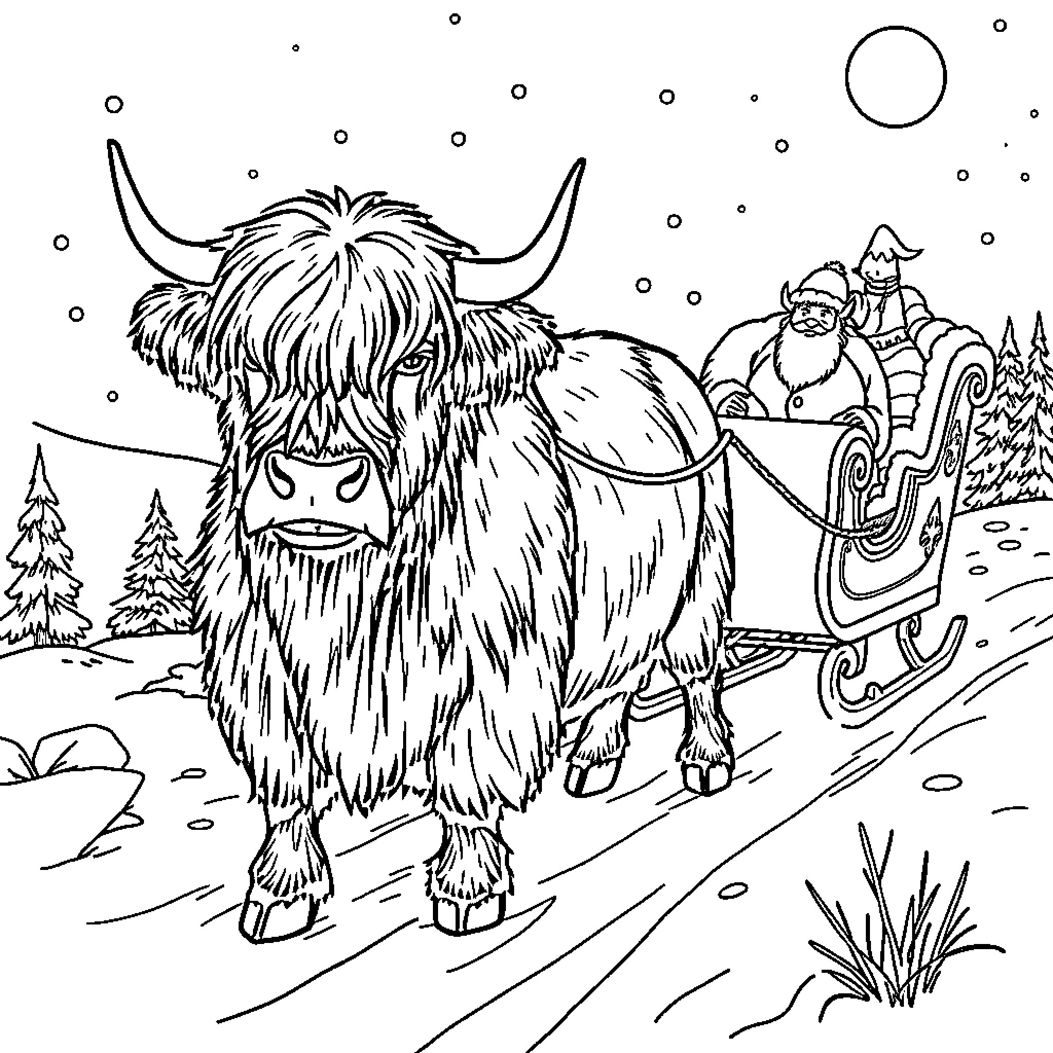 Highland Cow pulling a sleigh with a snowy landscape Coloring Page (free black-and-white line drawing printable PDF for all, from beginners to advanced learners, including children, teens, adults, and seniors)