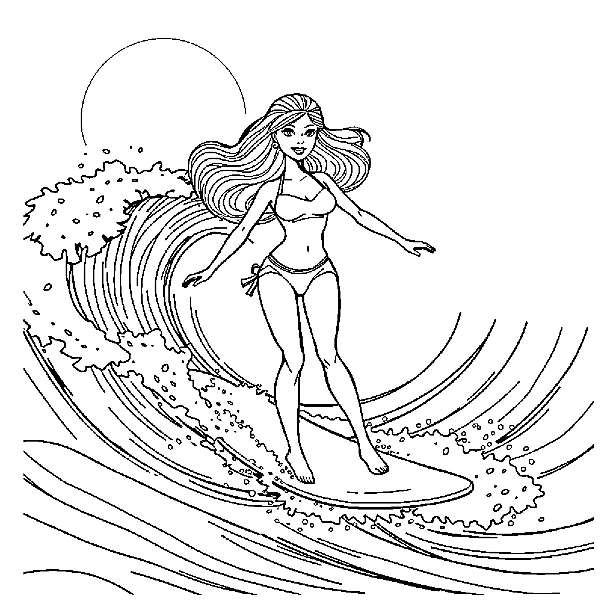 Barbie surfs the wave in the ocean Coloring Page (free black-and-white line drawing printable PDF for all, from beginners to advanced learners, including children, teens, adults, and seniors)