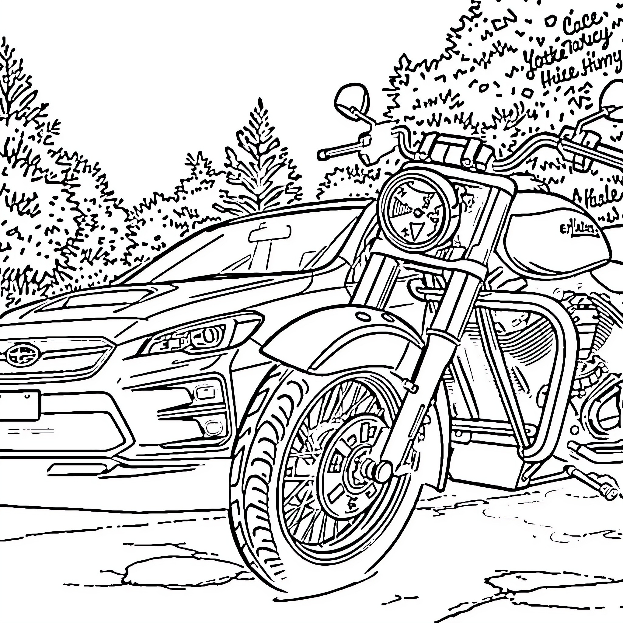 Subaru motorcycle riding through the forest Coloring Page (free black-and-white line drawing printable PDF for all, from beginners to advanced learners, including children, teens, adults, and seniors)