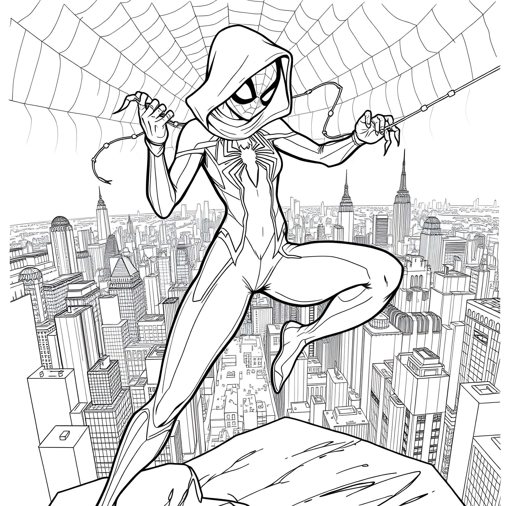 Gwen Stacey - Superhero in Action Coloring Page (free black-and-white line drawing printable PDF for all, from beginners to advanced learners, including children, teens, adults, and seniors)