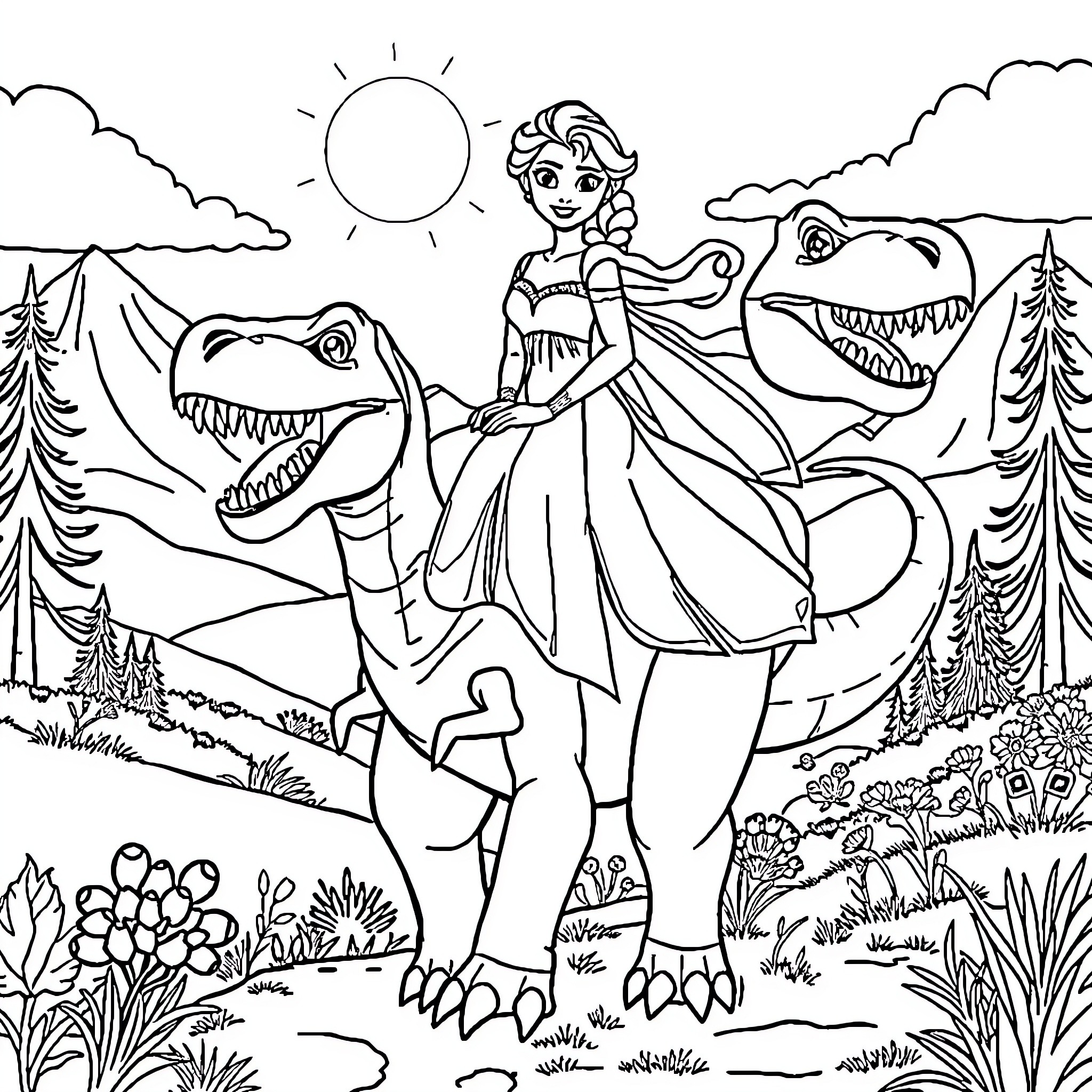 Elsa riding a friendly dinosaur in a magical landscape Coloring Page (free black-and-white line drawing printable PDF for all, from beginners to advanced learners, including children, teens, adults, and seniors)