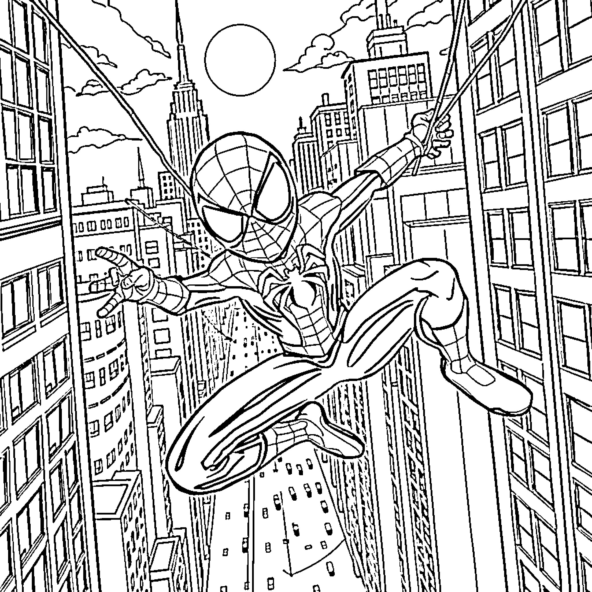 Spidey swinging heroically through the city skyline Coloring Page (free black-and-white line drawing printable PDF for all, from beginners to advanced learners, including children, teens, adults, and seniors)
