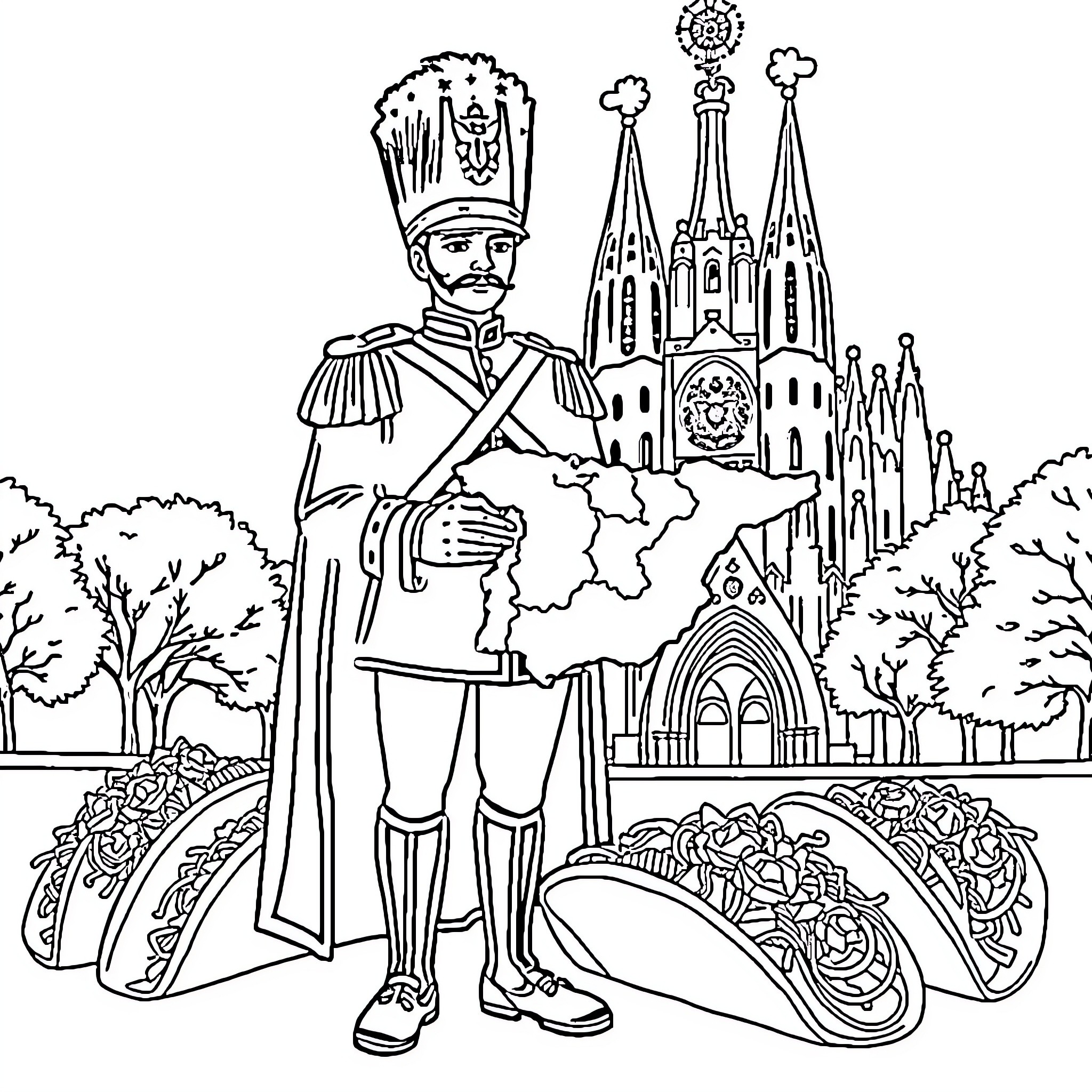 Spanish Guard Standing Proud by Gothic Cathedral Coloring Page (free black-and-white line drawing printable PDF for all, from beginners to advanced learners, including children, teens, adults, and seniors)