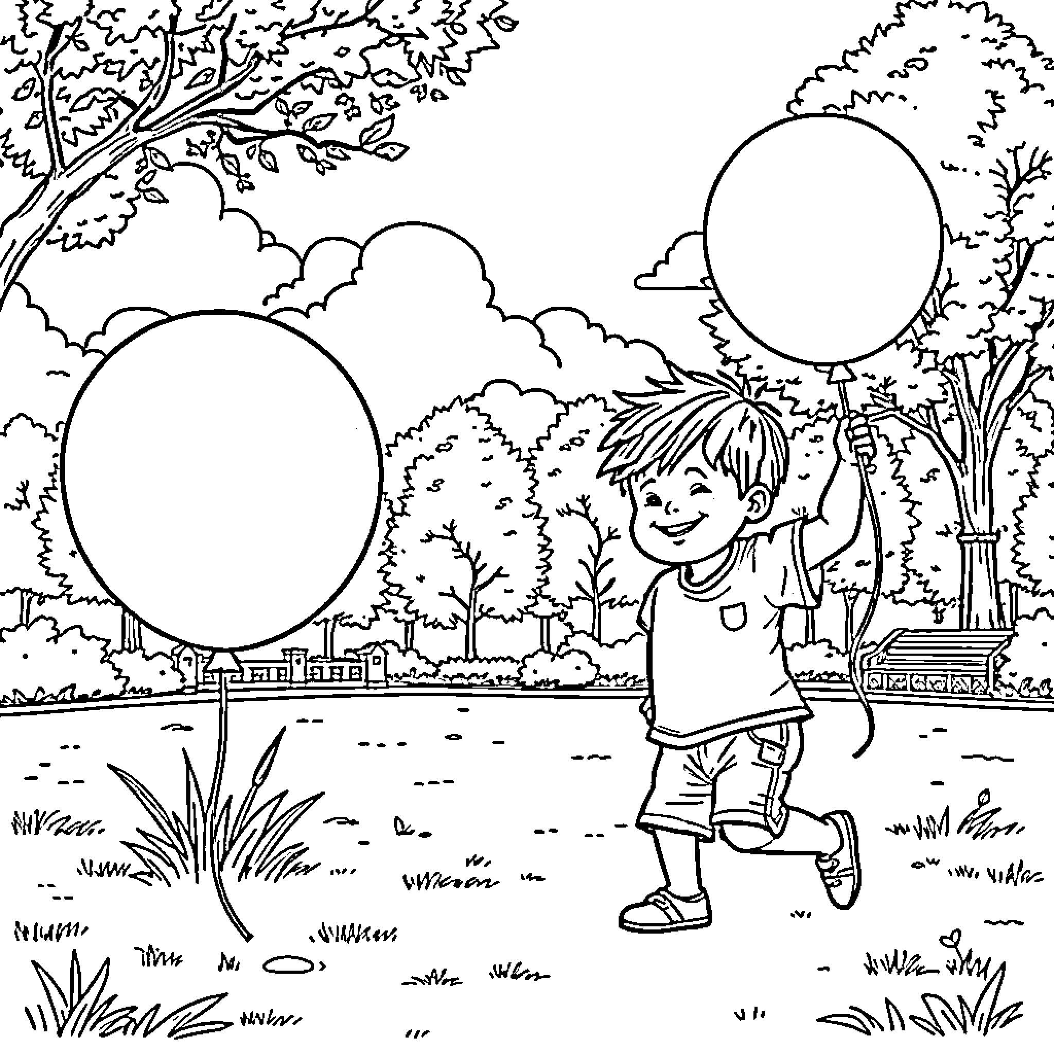 Boy playing cheerfully with balloons in the park Coloring Page (free black-and-white line drawing printable PDF for all, from beginners to advanced learners, including children, teens, adults, and seniors)