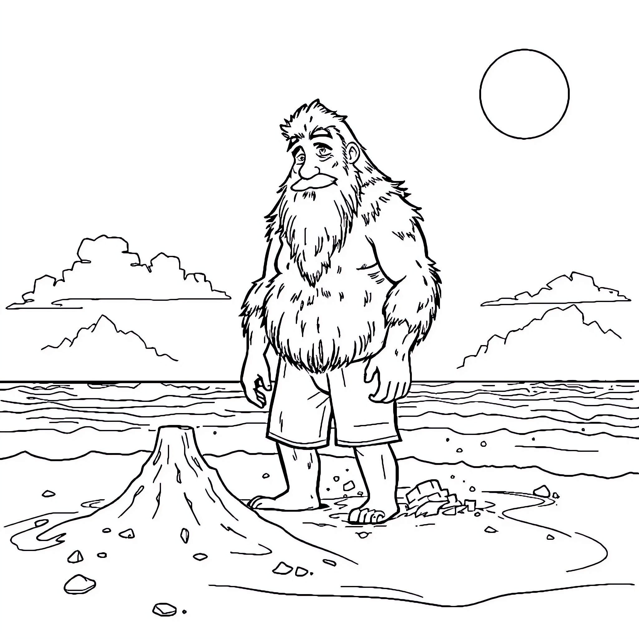 Everest Yeti exploring the snowy landscape Coloring Page (free black-and-white line drawing printable PDF for all, from beginners to advanced learners, including children, teens, adults, and seniors)
