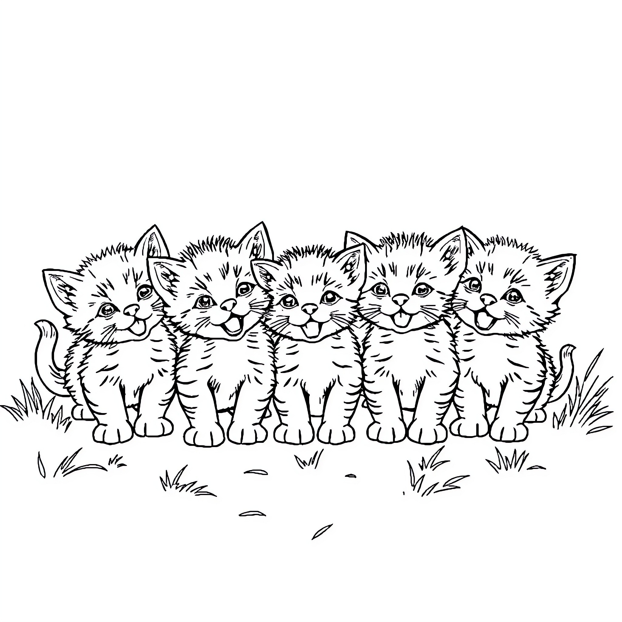 Kitten friends posing together in nature Coloring Page (free black-and-white line drawing printable PDF for all, from beginners to advanced learners, including children, teens, adults, and seniors)