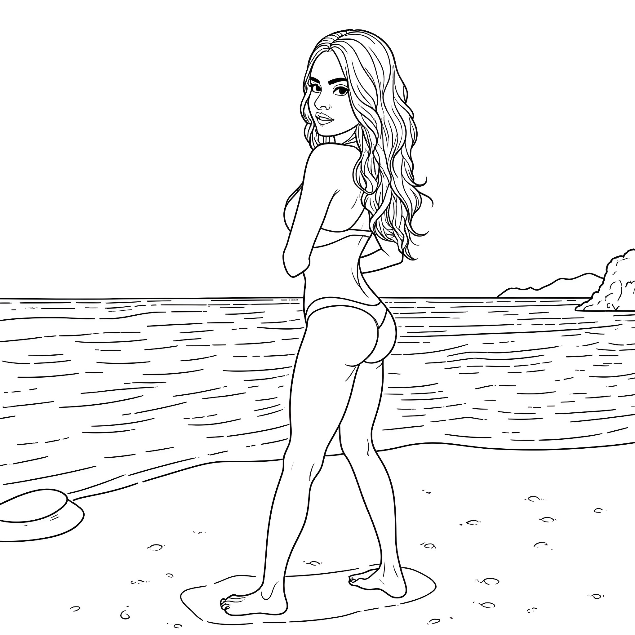 Jailyne Ojeda posing confidently on the beach Coloring Page (free black-and-white line drawing printable PDF for all, from beginners to advanced learners, including children, teens, adults, and seniors)