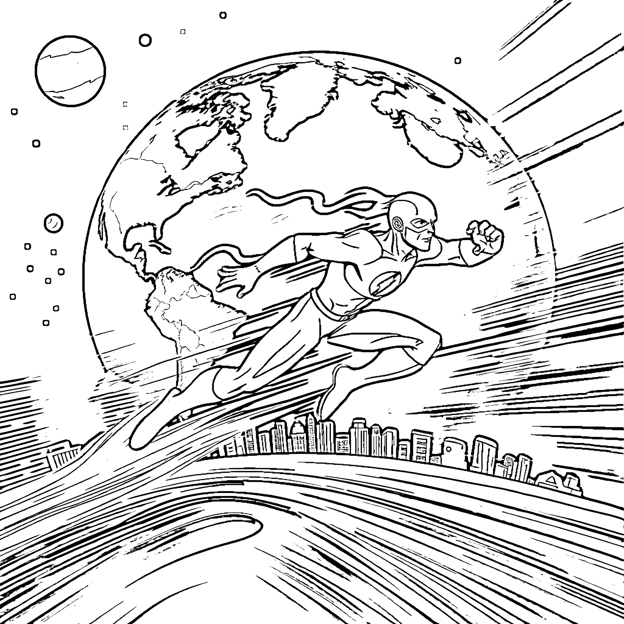 Flash Soaring Through the Skies Over the City Coloring Page (free black-and-white line drawing printable PDF for all, from beginners to advanced learners, including children, teens, adults, and seniors)