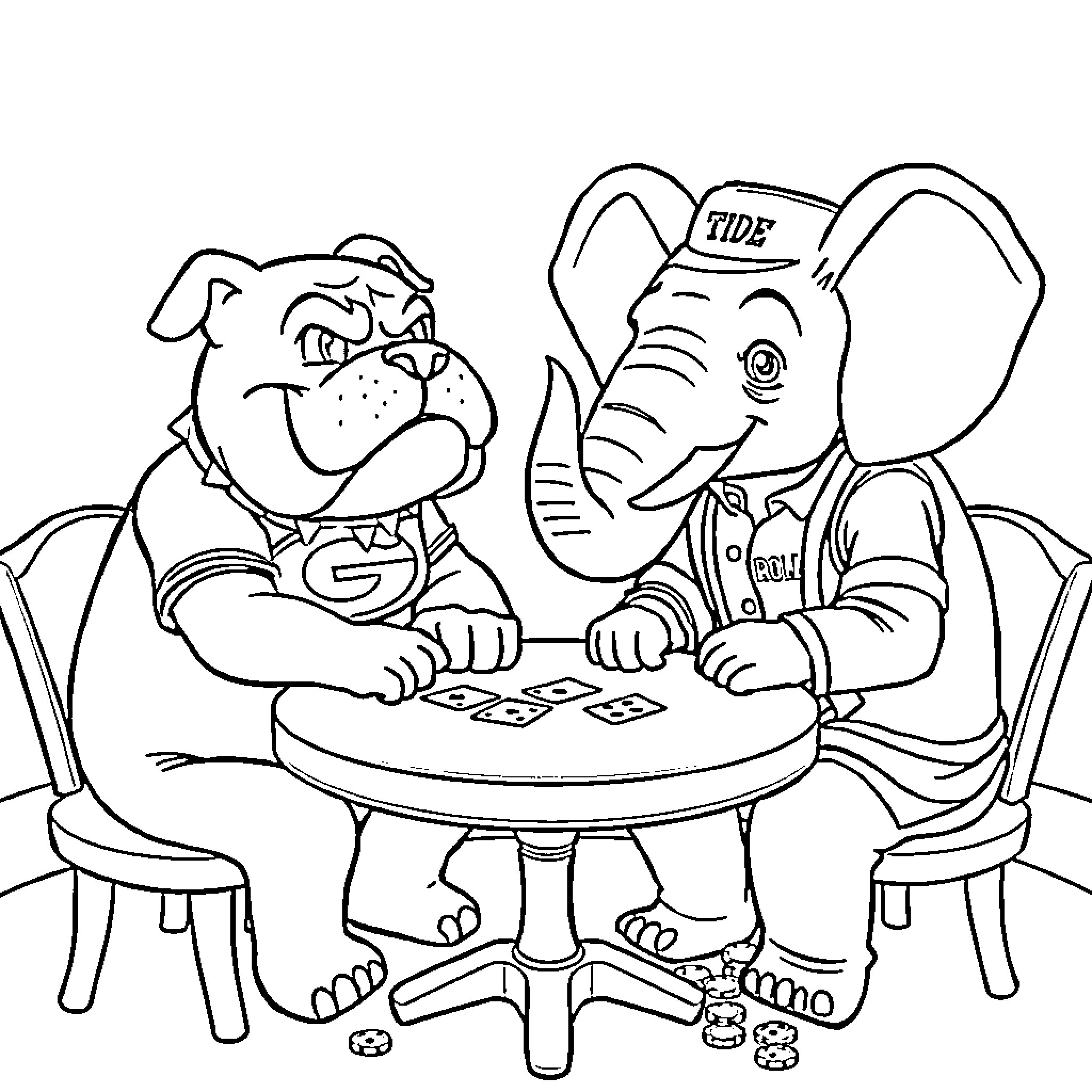 Bulldog and Elephant Playing Cards Together Coloring Page (free black-and-white line drawing printable PDF for all, from beginners to advanced learners, including children, teens, adults, and seniors)