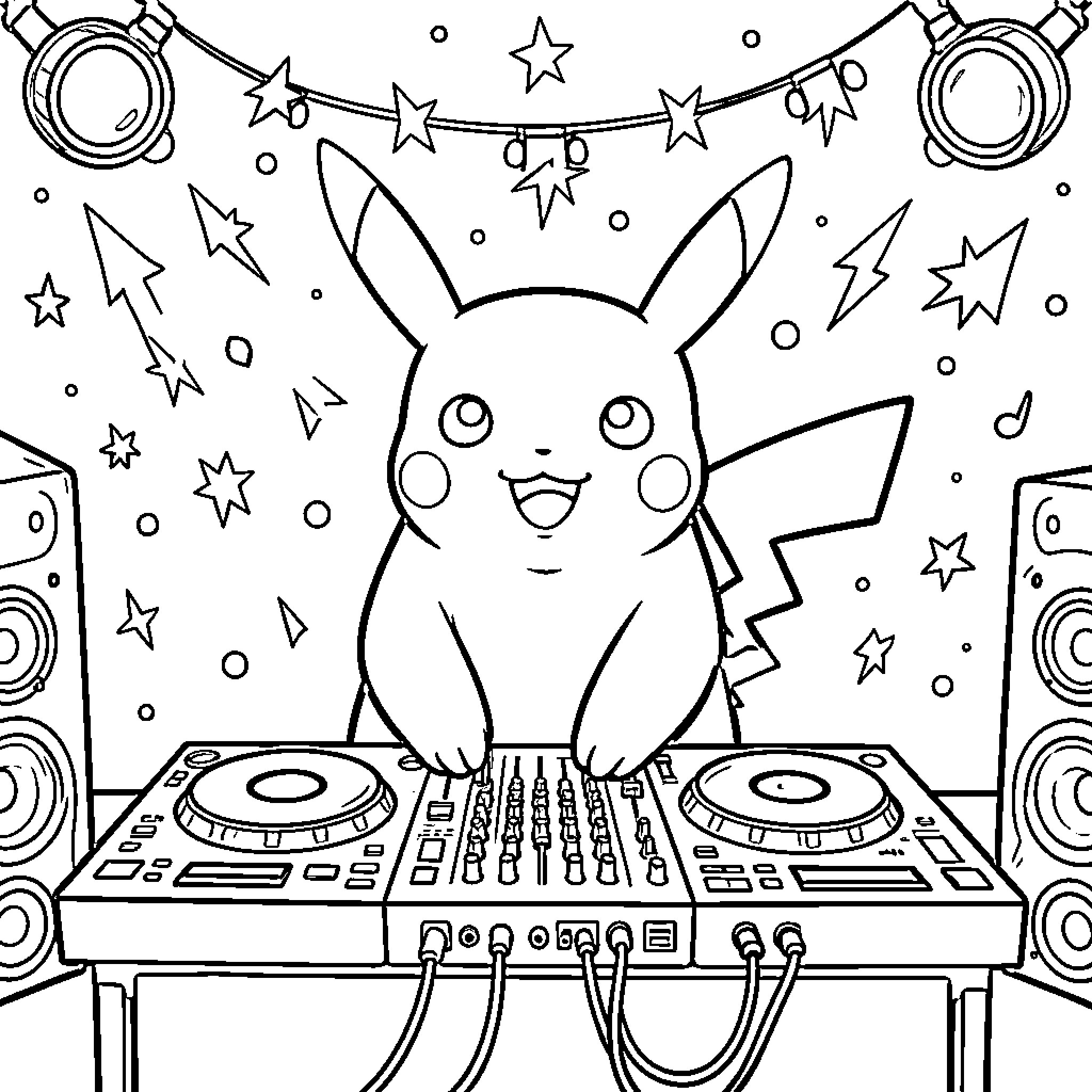 Pikachu the DJ playing music at a party Coloring Page (free black-and-white line drawing printable PDF for all, from beginners to advanced learners, including children, teens, adults, and seniors)