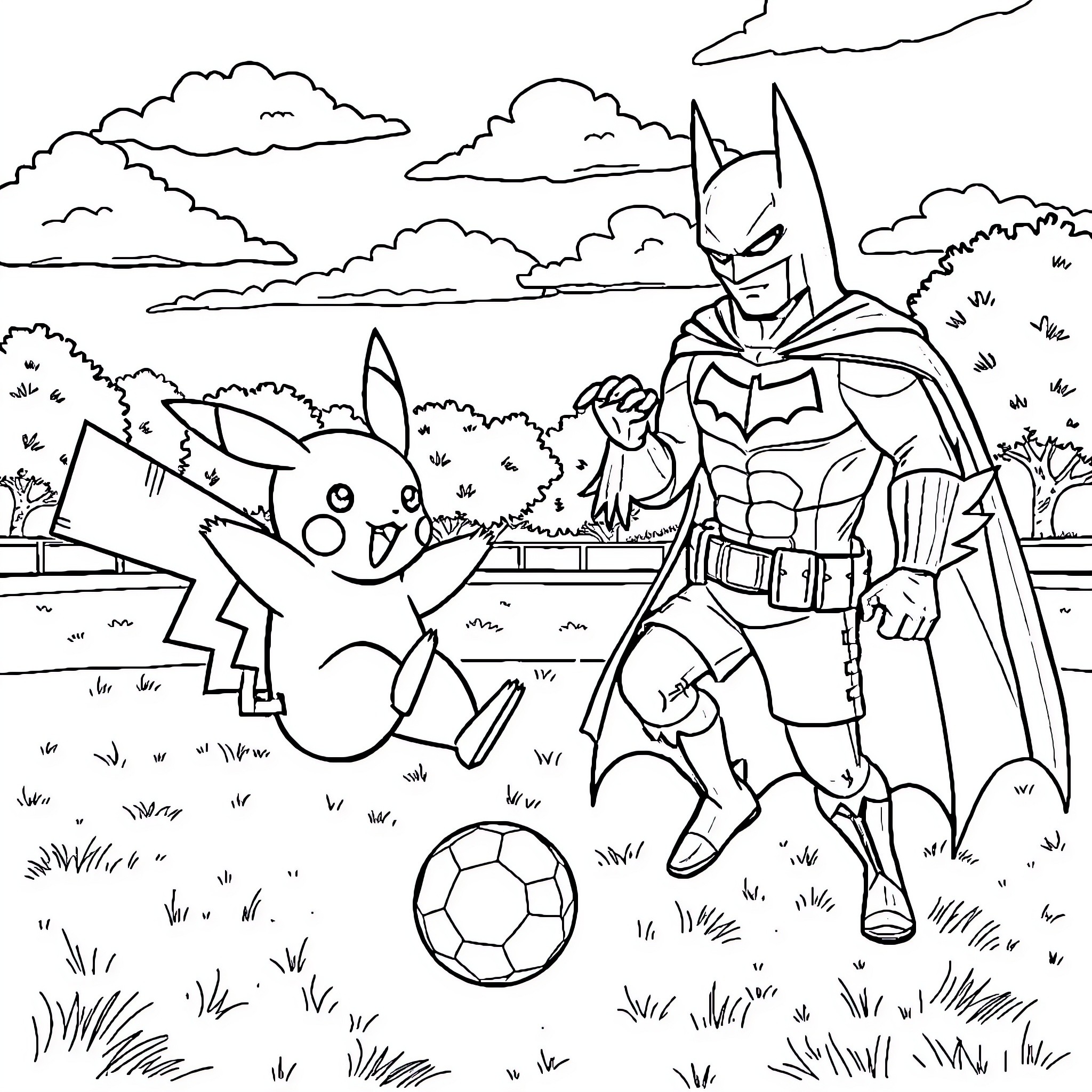 Pikachu and Batman playing soccer in the park Coloring Page (free black-and-white line drawing printable PDF for all, from beginners to advanced learners, including children, teens, adults, and seniors)