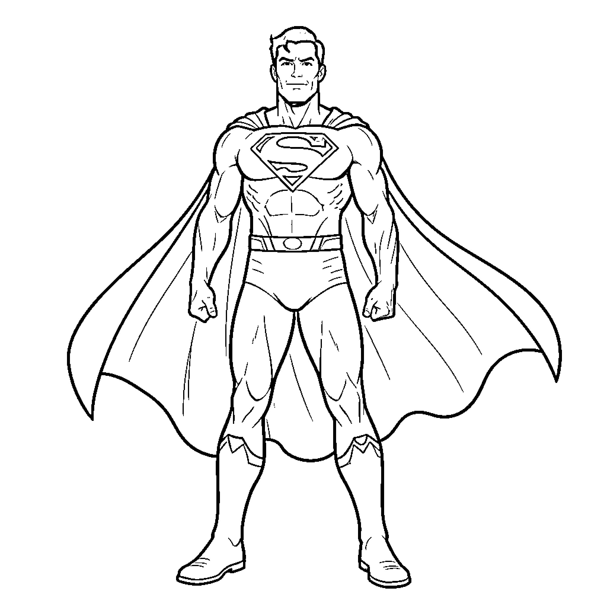 Superman in heroic pose Coloring Page (free black-and-white line drawing printable PDF for all, from beginners to advanced learners, including children, teens, adults, and seniors)