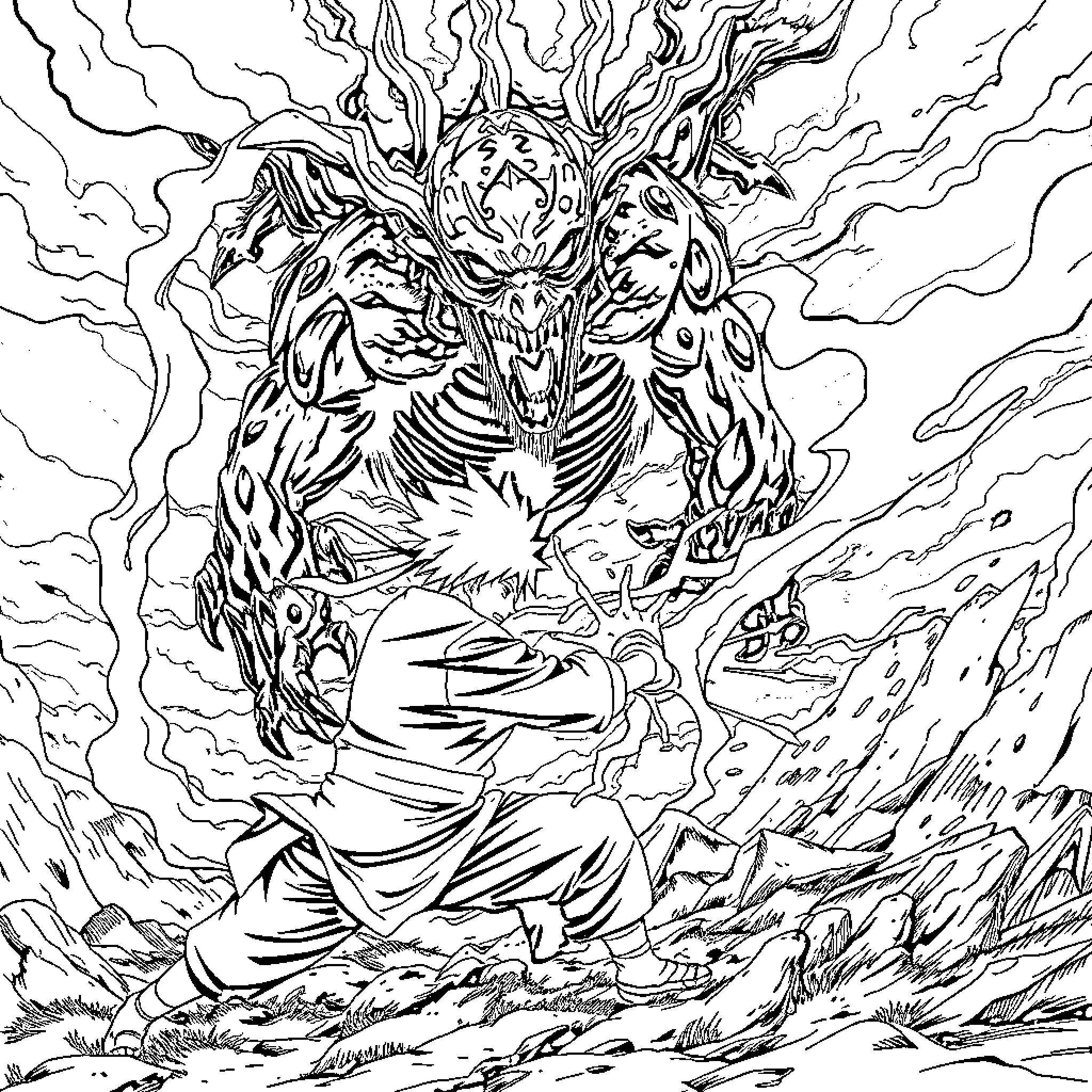 Naruto unleashing powerful ninja art in epic battle Coloring Page (free black-and-white line drawing printable PDF for all, from beginners to advanced learners, including children, teens, adults, and seniors)