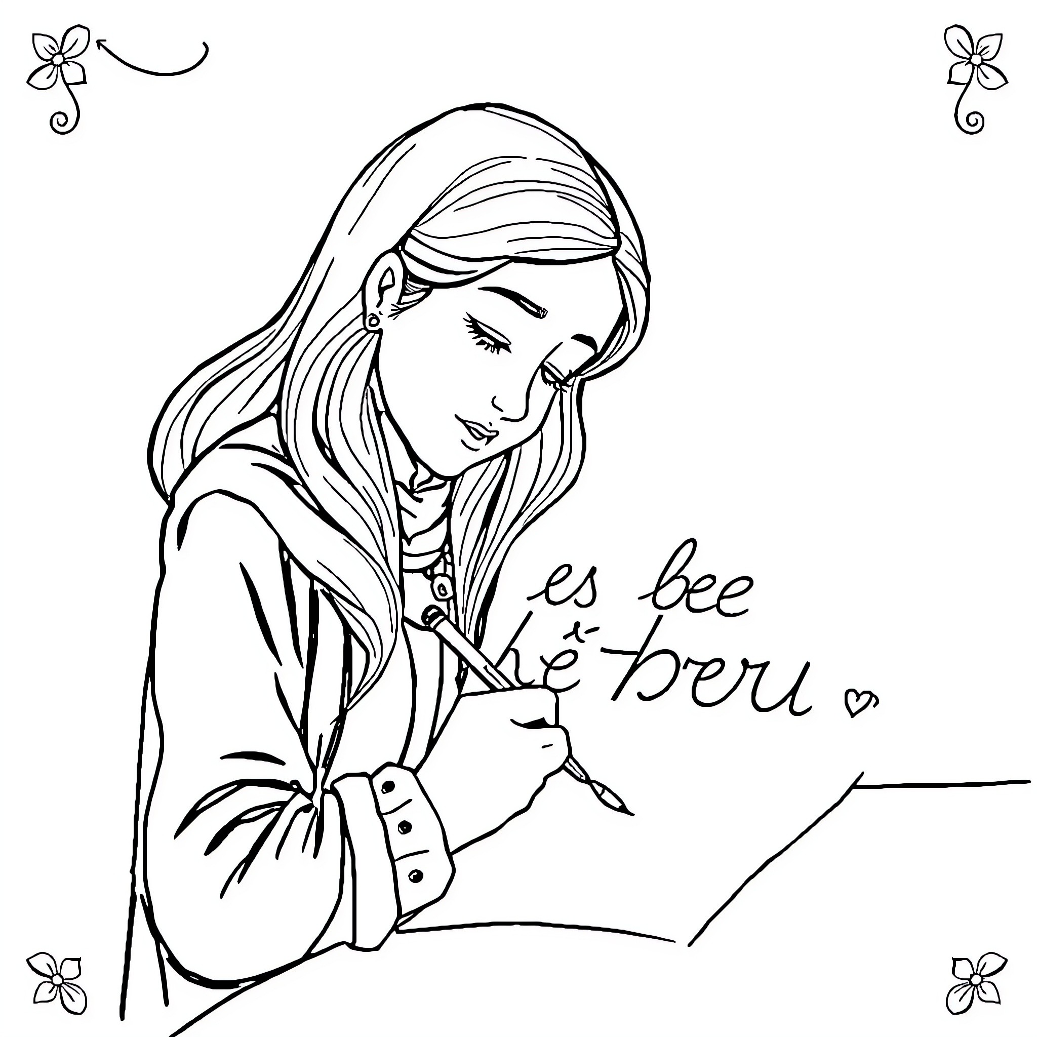 Orya's Thoughtful Contemplation Coloring Page (free black-and-white line drawing printable PDF for all, from beginners to advanced learners, including children, teens, adults, and seniors)