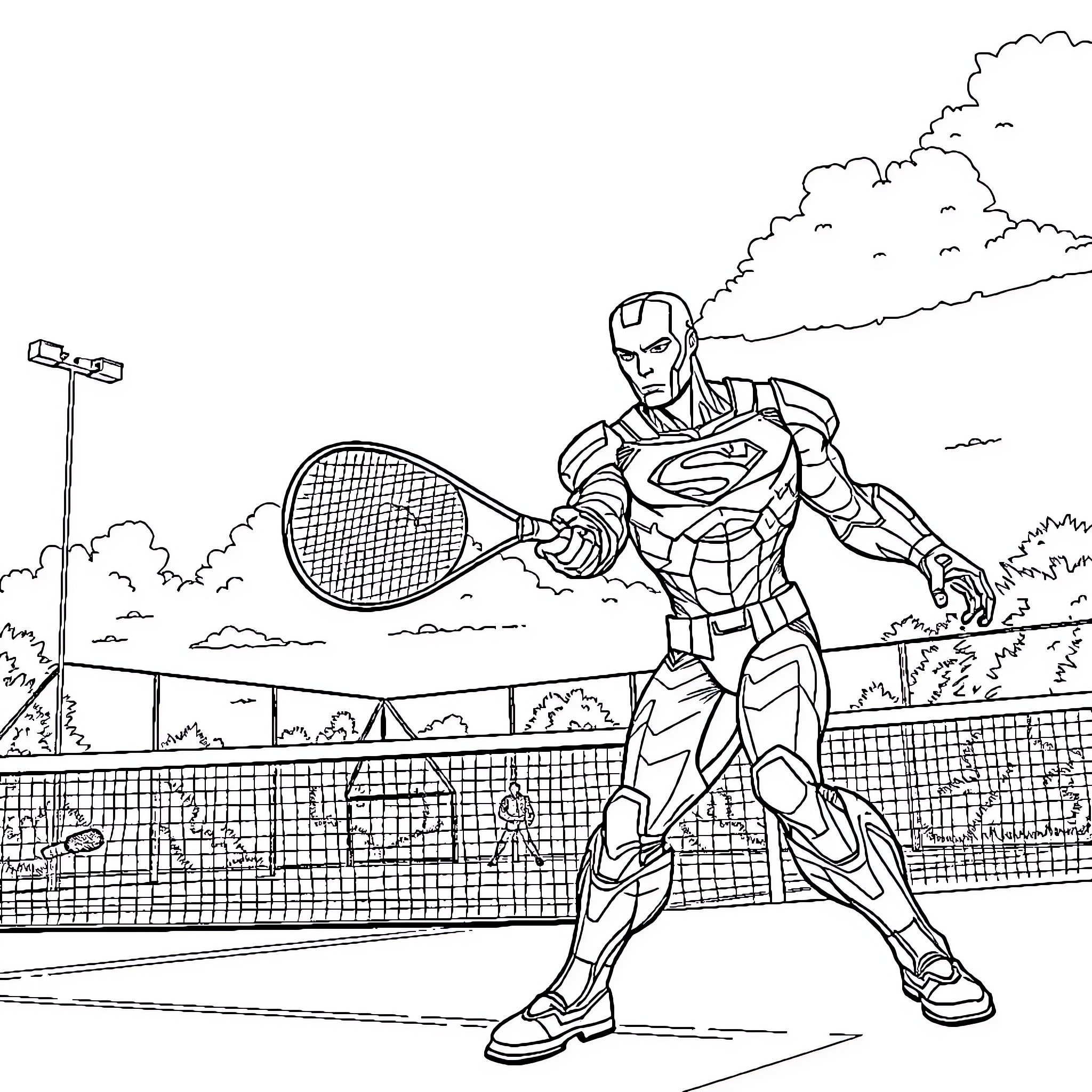 Superman playing tennis in the park Coloring Page (free black-and-white line drawing printable PDF for all, from beginners to advanced learners, including children, teens, adults, and seniors)