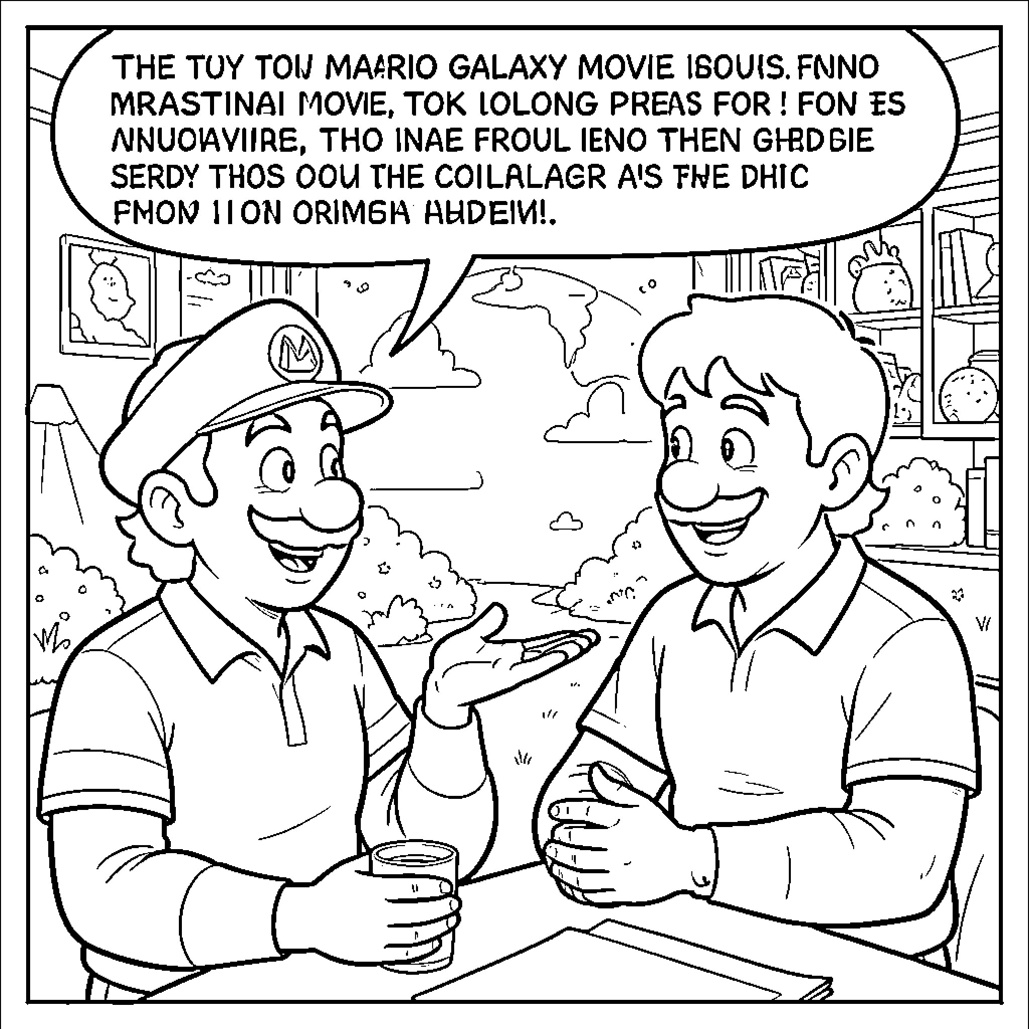 Mario talking animatedly to a young boy Coloring Page (free black-and-white line drawing printable PDF for all, from beginners to advanced learners, including children, teens, adults, and seniors)