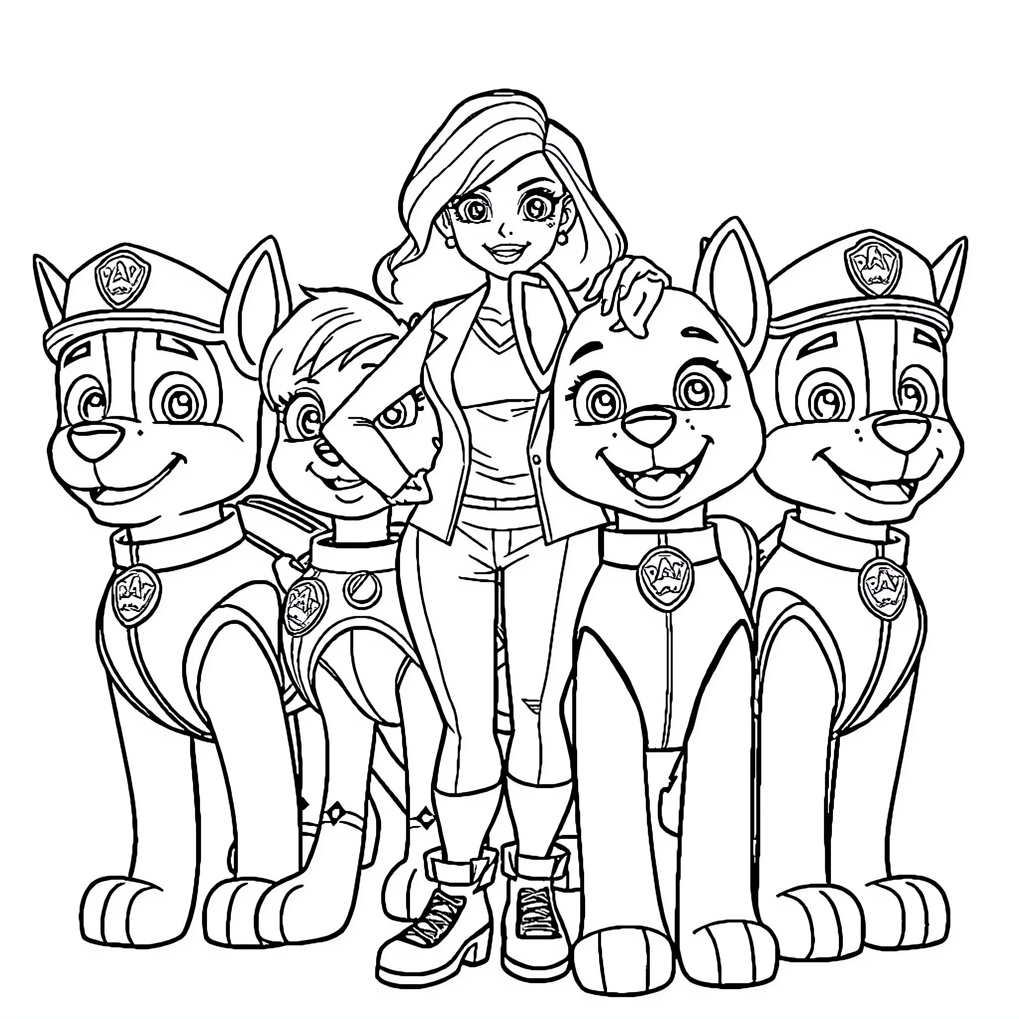 Paw Patrol Characters in an Adventure Scene Coloring Page (free black-and-white line drawing printable PDF for all, from beginners to advanced learners, including children, teens, adults, and seniors)