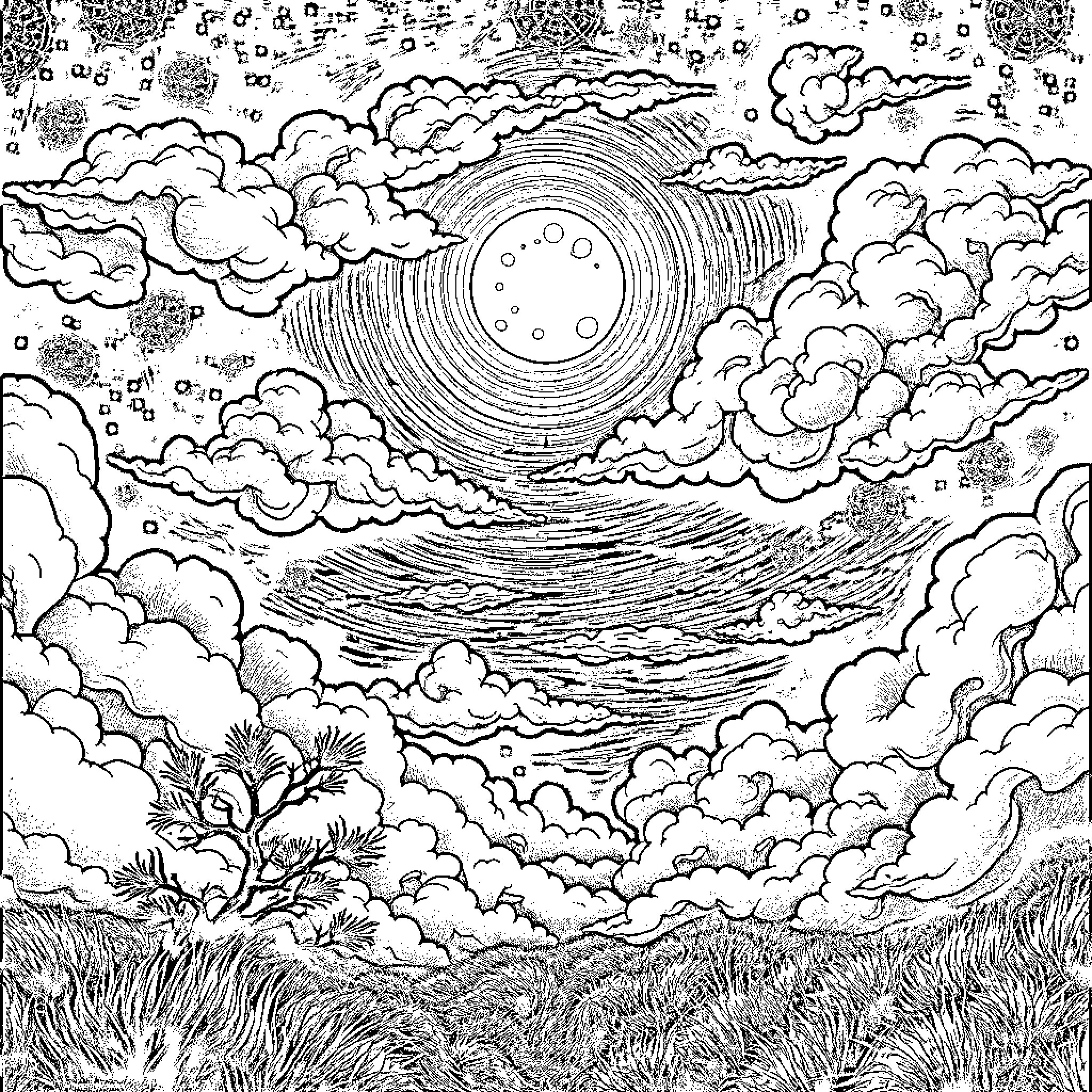 Night Sky Filled with Whimsical Clouds and Celestial Wonders Coloring Page (free black-and-white line drawing printable PDF for all, from beginners to advanced learners, including children, teens, adults, and seniors)