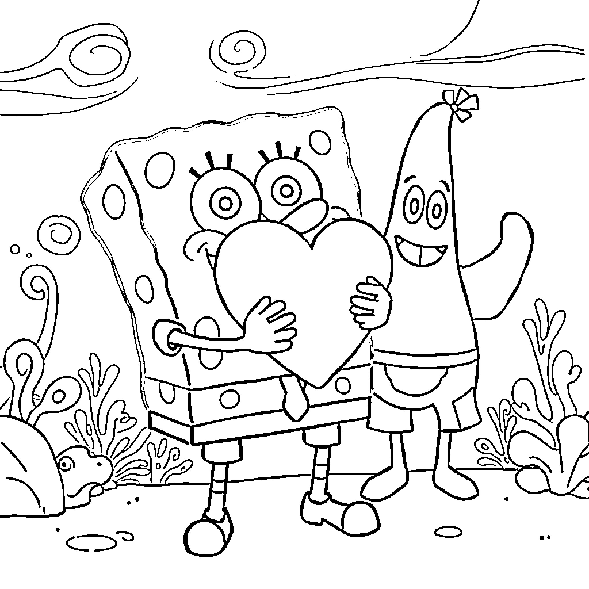 Spongebob and Patrick in a Whimsical Underwater Scene Coloring Page (free black-and-white line drawing printable PDF for all, from beginners to advanced learners, including children, teens, adults, and seniors)