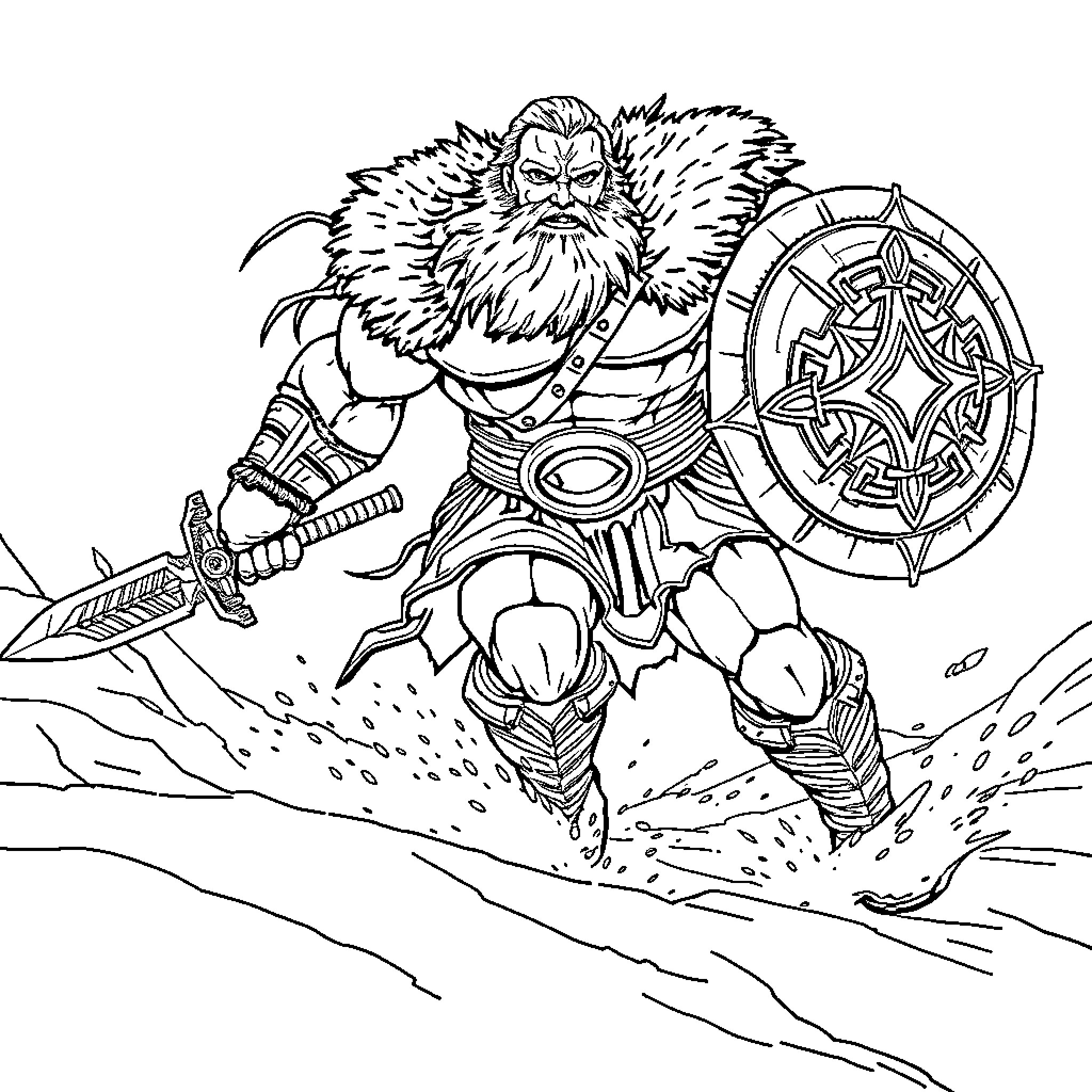 Titan Warrior Charging into Battle with Shield and Sword Coloring Page (free black-and-white line drawing printable PDF for all, from beginners to advanced learners, including children, teens, adults, and seniors)