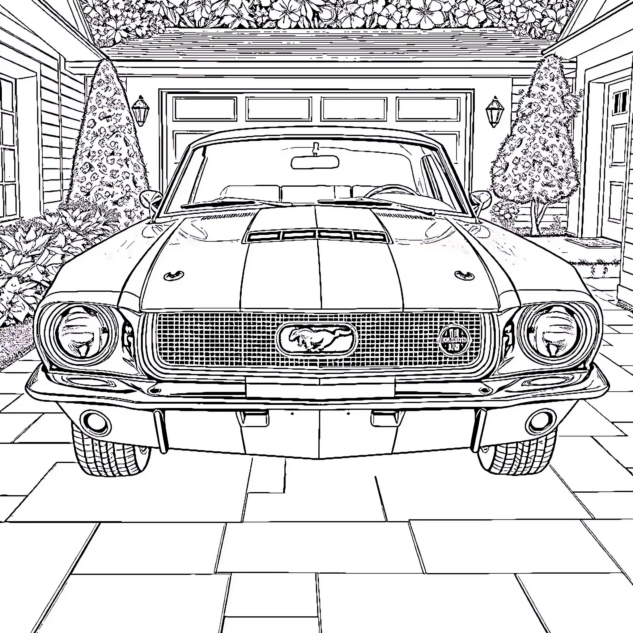 Shelby Mustang in a garage with decorative elements Coloring Page (free black-and-white line drawing printable PDF for all, from beginners to advanced learners, including children, teens, adults, and seniors)