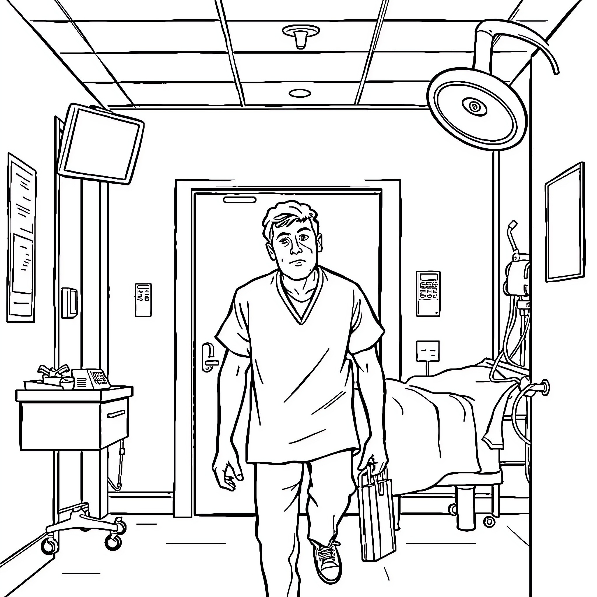 Guy in medical facility with medical equipment Coloring Page (free black-and-white line drawing printable PDF for all, from beginners to advanced learners, including children, teens, adults, and seniors)