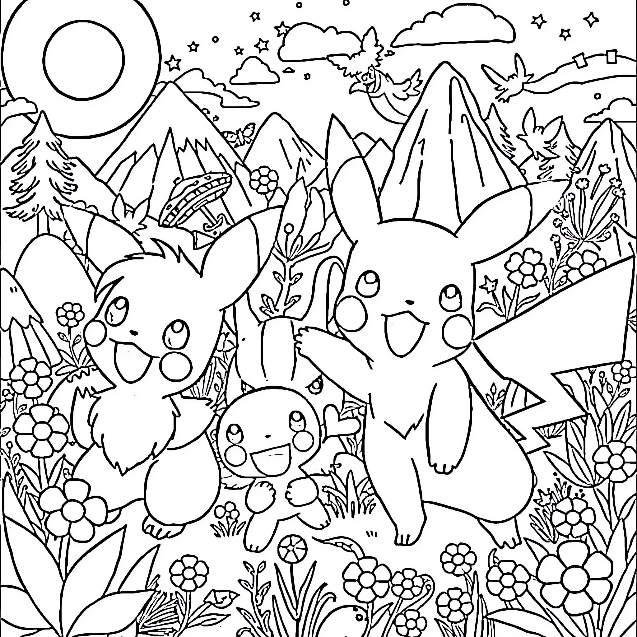 Pokémon surrounded by nature and stars Coloring Page (free black-and-white line drawing printable PDF for all, from beginners to advanced learners, including children, teens, adults, and seniors)