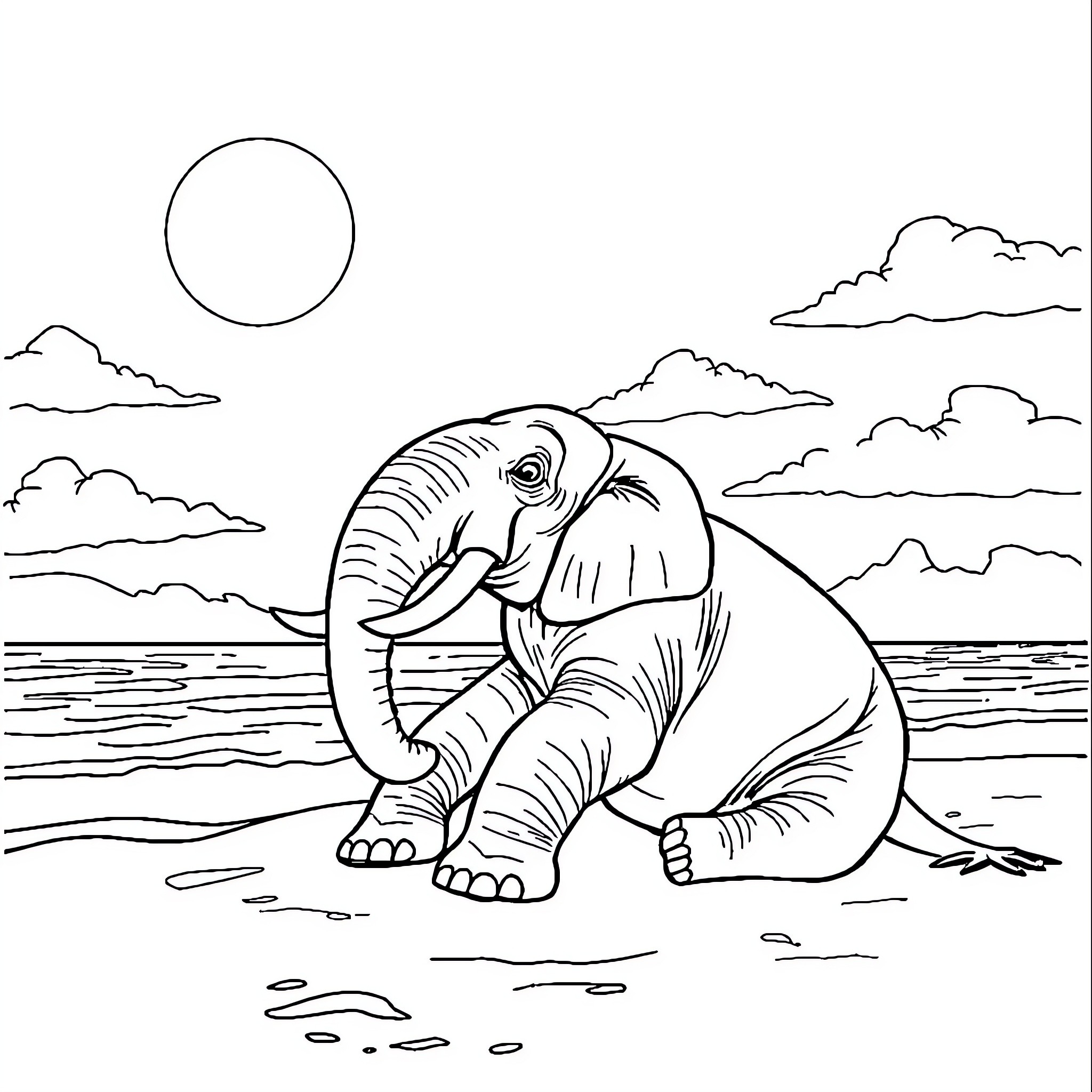 Elephant resting peacefully on the shore Coloring Page (free black-and-white line drawing printable PDF for all, from beginners to advanced learners, including children, teens, adults, and seniors)