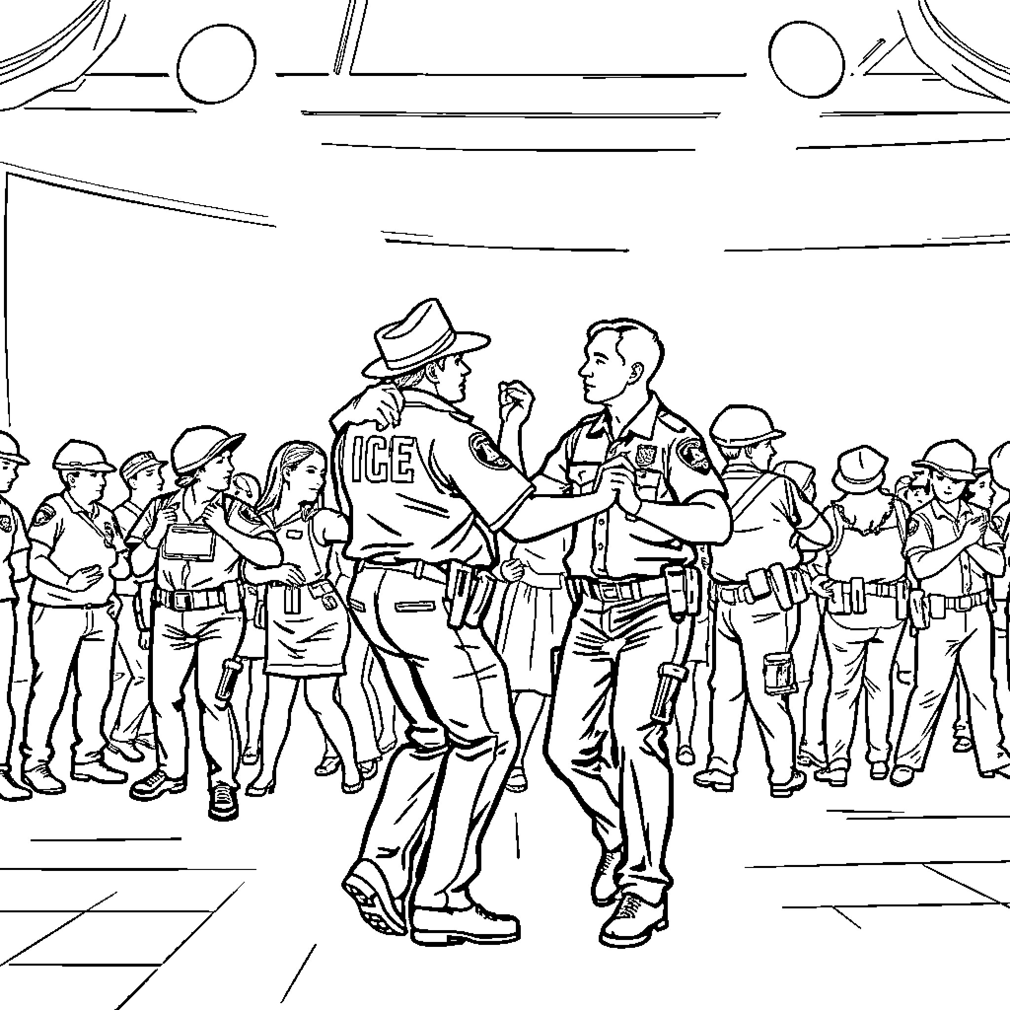 Agent Apprehends Suspect in Presence of Law Enforcement Coloring Page (free black-and-white line drawing printable PDF for all, from beginners to advanced learners, including children, teens, adults, and seniors)