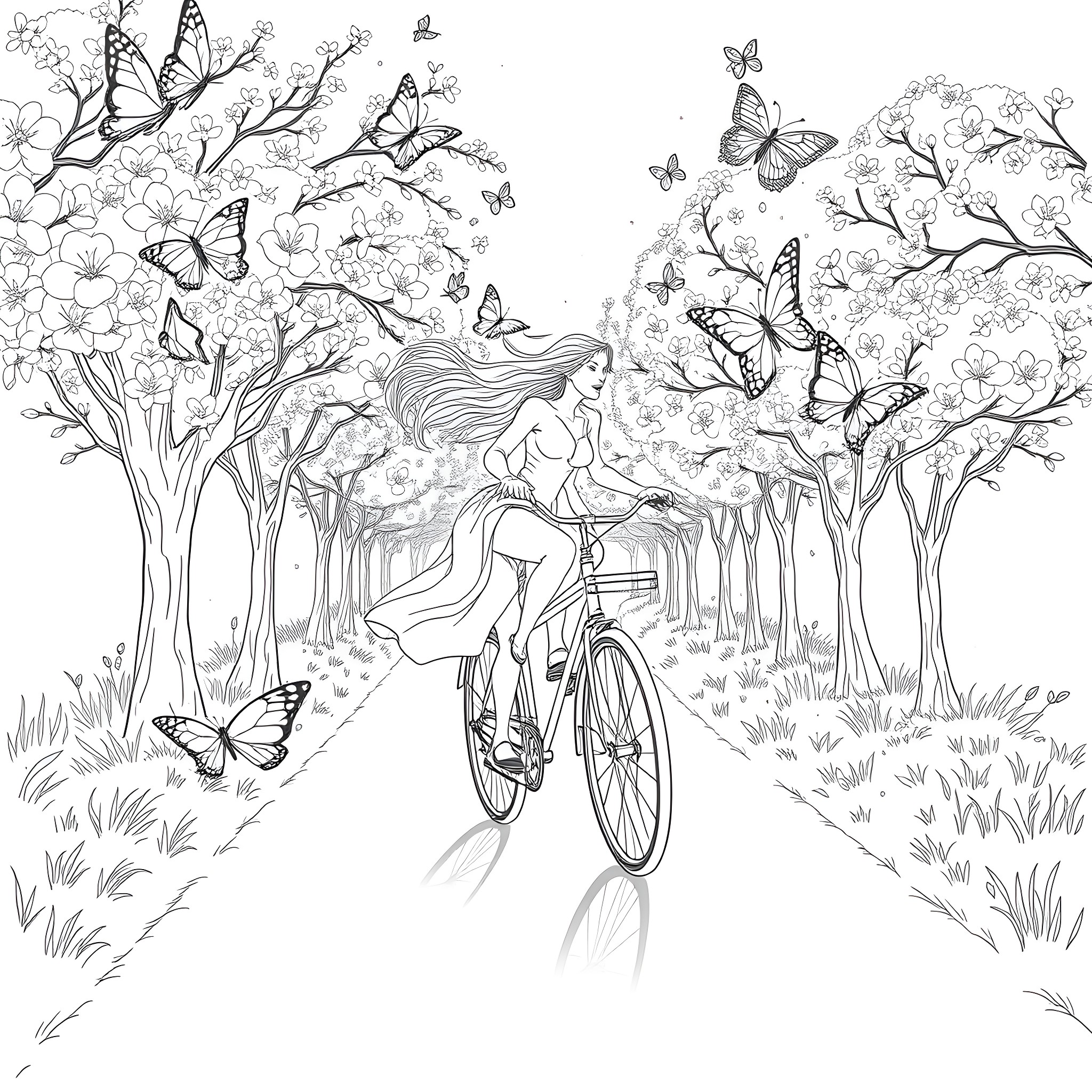 Lady Riding Bicycle Amidst Blooming Trees and Butterflies Coloring Page (free black-and-white line drawing printable PDF for all, from beginners to advanced learners, including children, teens, adults, and seniors)