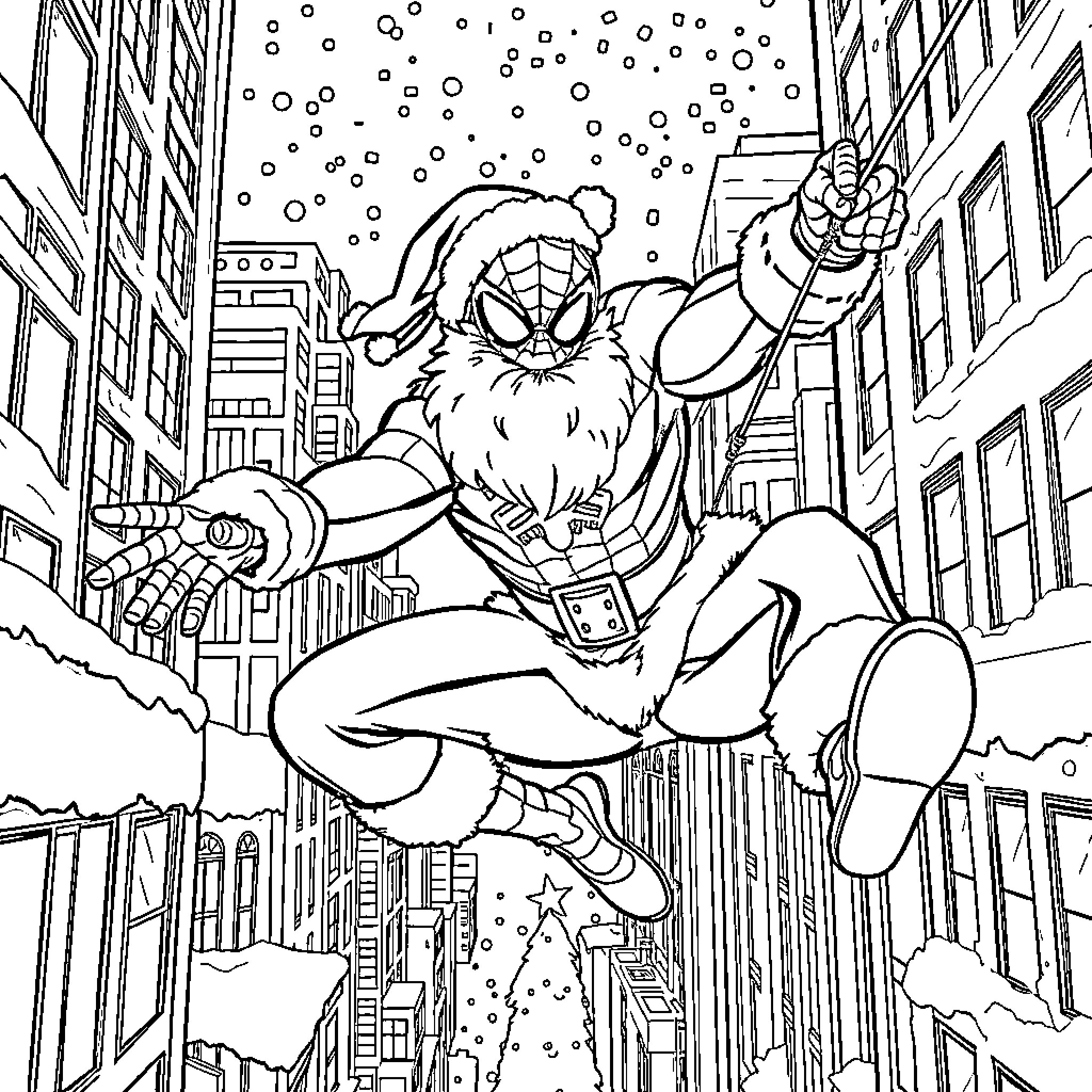 Spiderman swinging through the snowy city Coloring Page (free black-and-white line drawing printable PDF for all, from beginners to advanced learners, including children, teens, adults, and seniors)